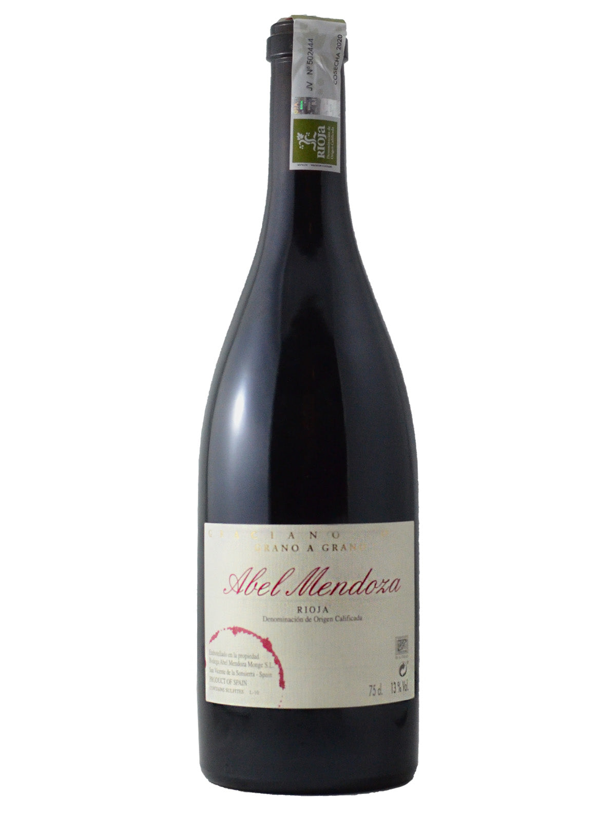 A bottle of Abel Mendoza Grano a Grano Graciano red wine with a label that includes the brand & wine name and 'Rioja' region indication. Rioja DOCa quality guarantee paper drapes over the top of the bottle.