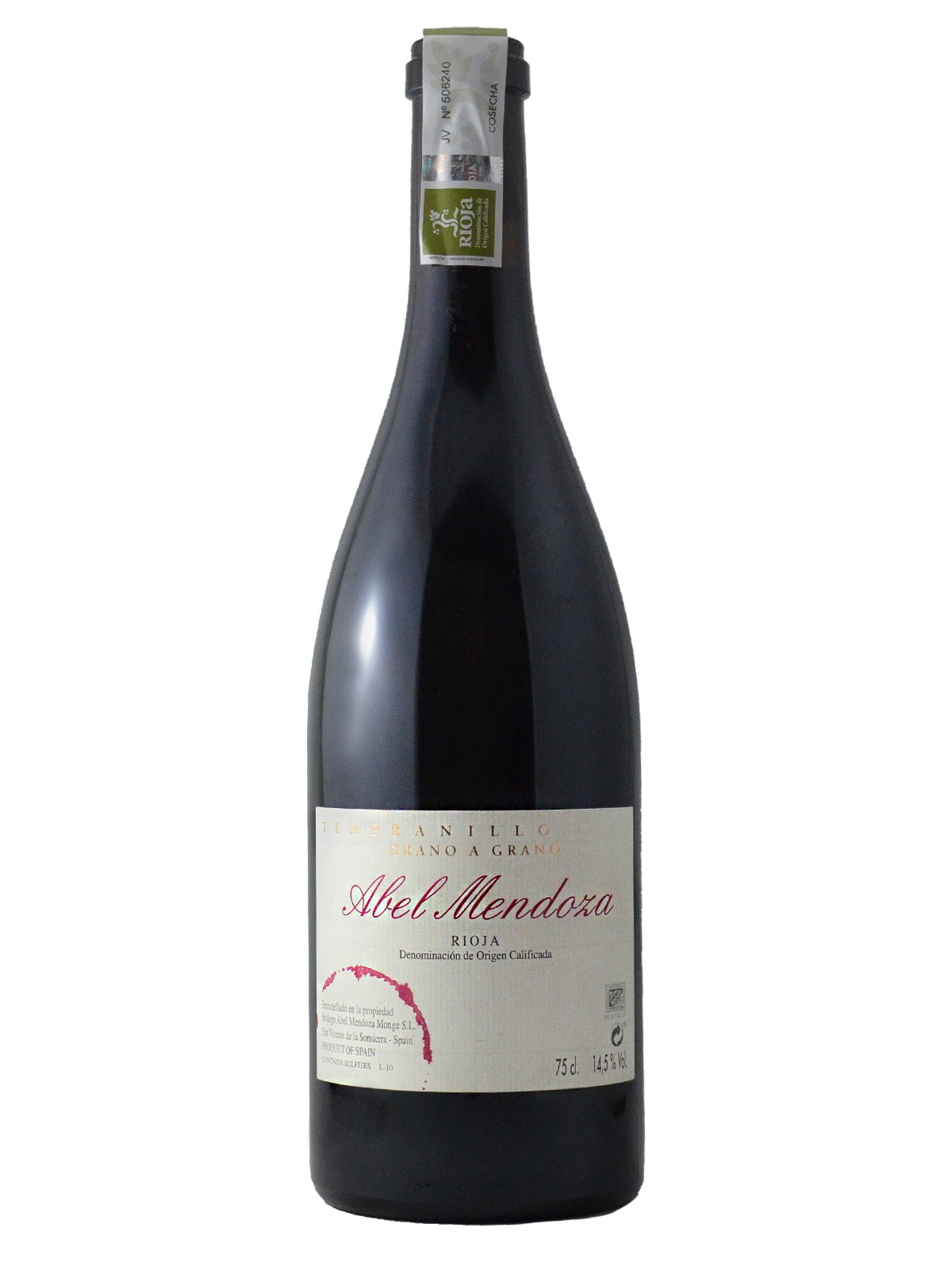 A bottle of Abel Mendoza Grano a Grano Tempranillo wine with a label indicating it is a product from Spain, specifically Rioja. Enclosure has a paper certificate of origin label over the top. All against plain white background.