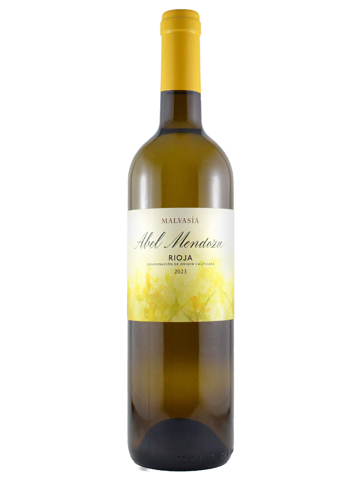 Bottle of white wine - text on label reads Abel Mendoza Malvasia Rioja, 2023. Yellow & white label with abstract floral design. Yellowy-orange enclosure. All set against white background.