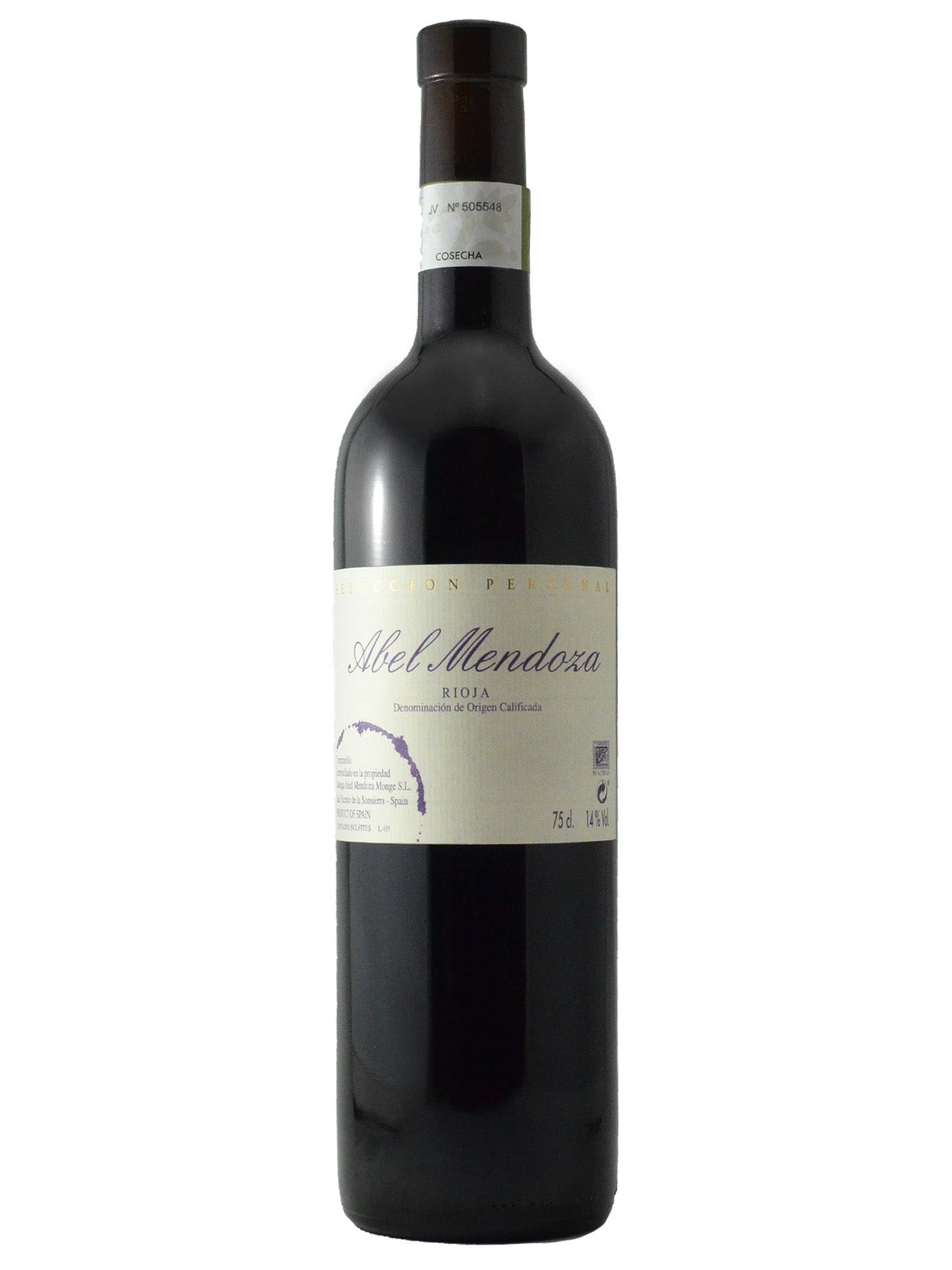 A bottle of Abel Mendoza Seleccion Personal Tempranillo wine with a label that includes the brand name and 'Rioja' region indication. Set against plain white background.