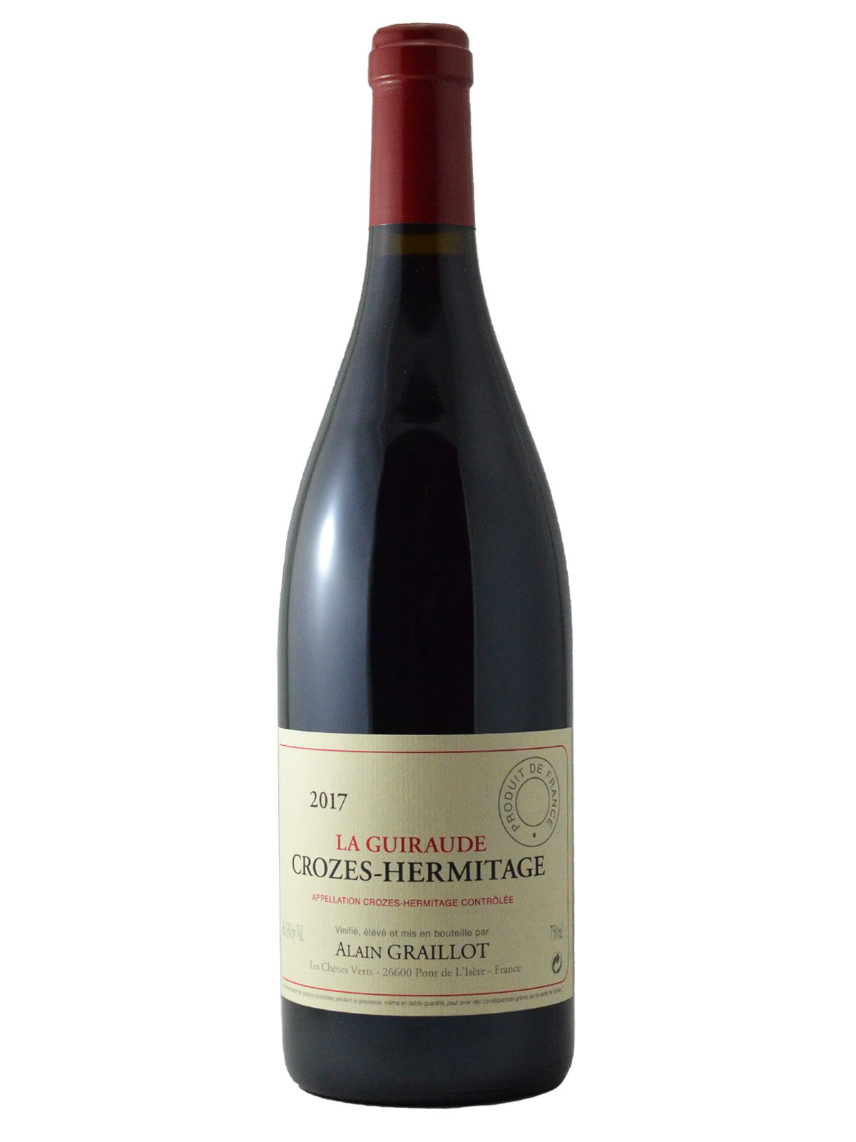 Bottle of Alain Graillot 'La Guiraude' Crozes-Hermitage Syrah 2017 red wine from the Northern Rhone in France with label visible - all against white background.