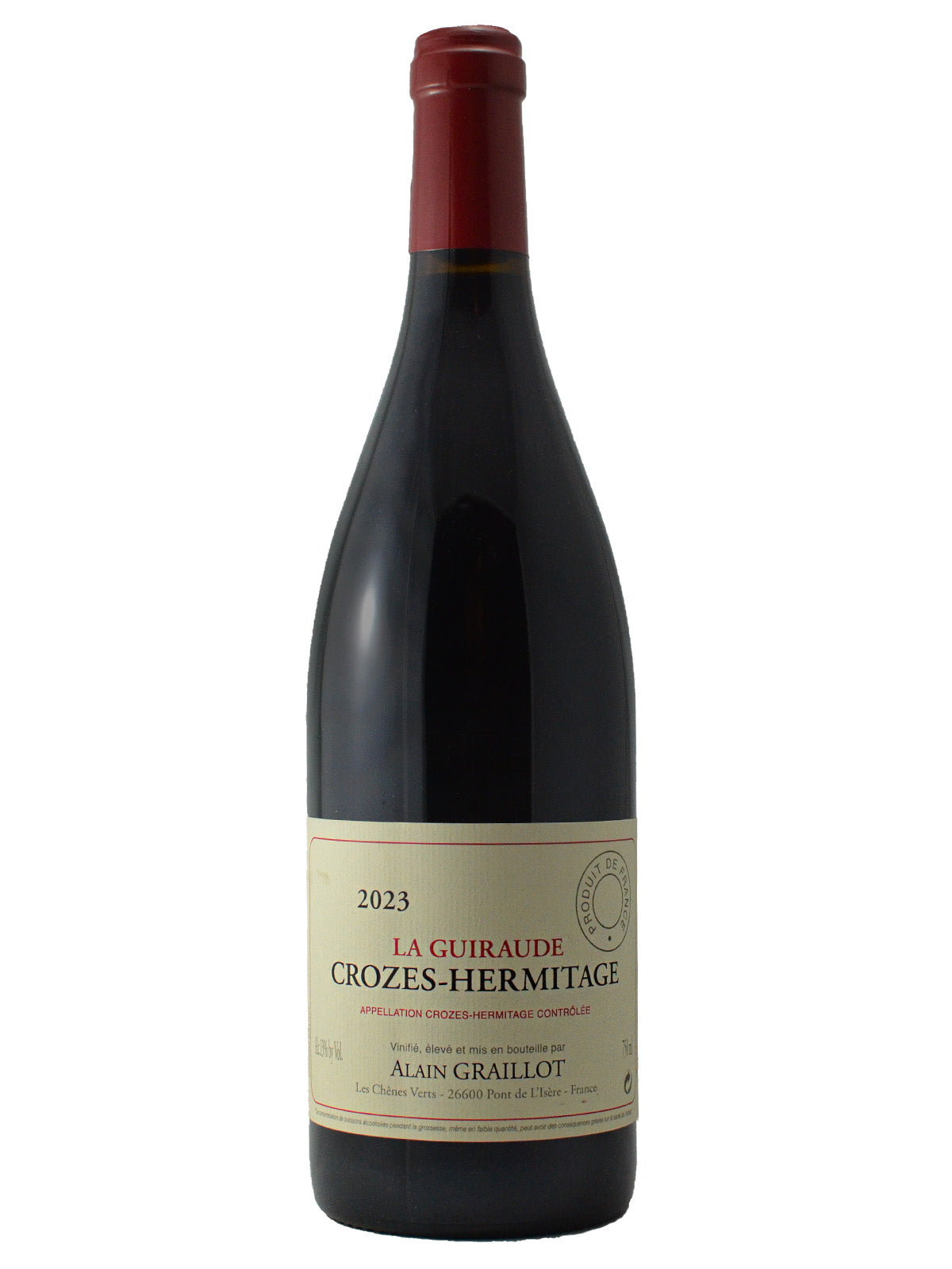 Wine bottle with an off-white/light yellowish label against a white background. Label reads '2023 La Guiraude' Crozes-Hermitage Alain GRAILLOT'. Red enclosure (cork).