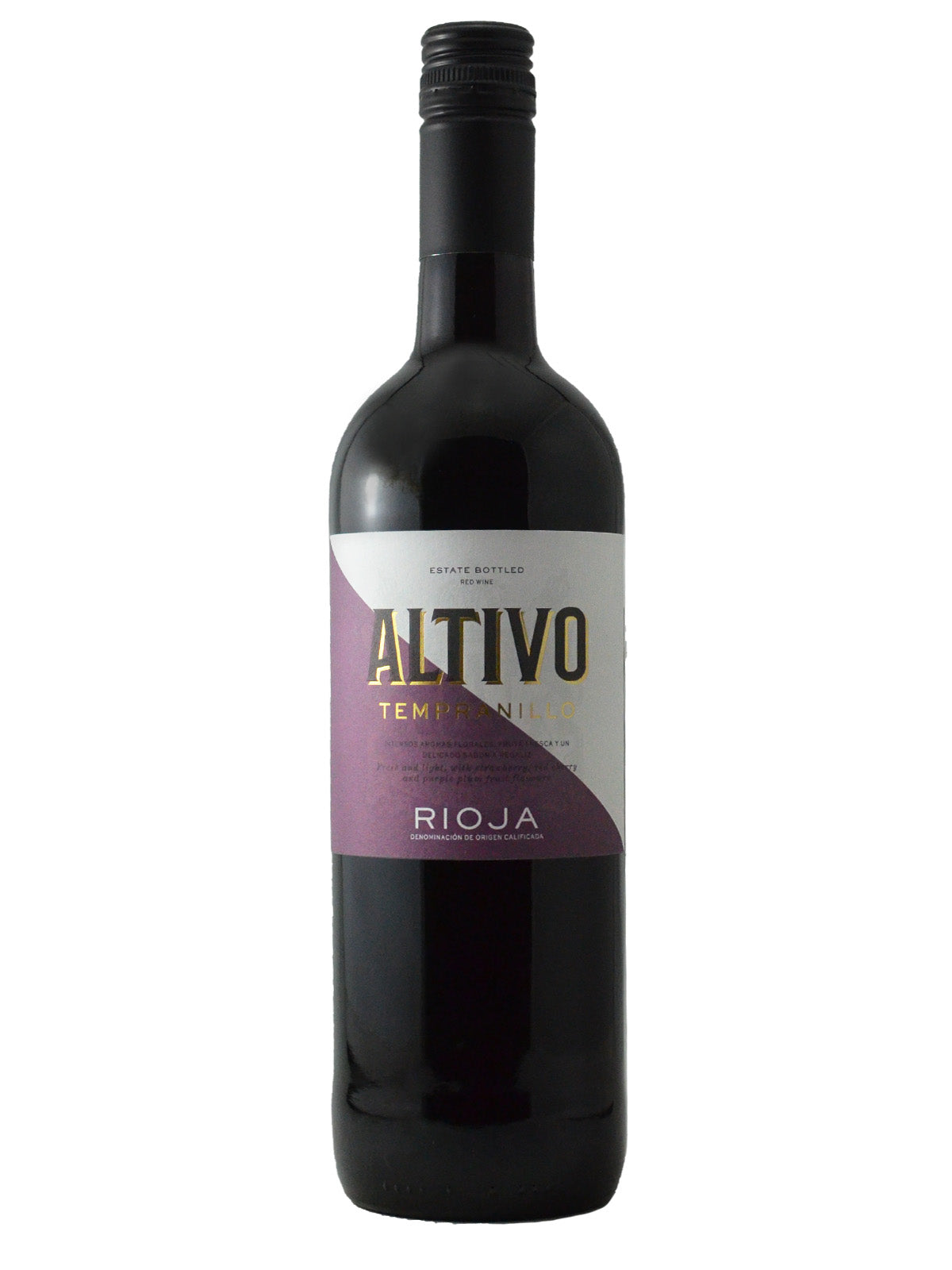 A red wine bottle with a purple and white label that says ALTIVO TEMPRANILLO RIOJA. The bottle has a screwcap and is set against a white background.