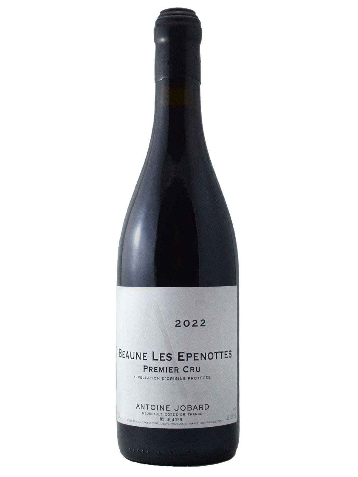 Bottle of Antoine Jobard Beaune 1er Cru Epenottes 2022 wine with a label that includes the wine variety, vintage year, and the name of the winemaker.
