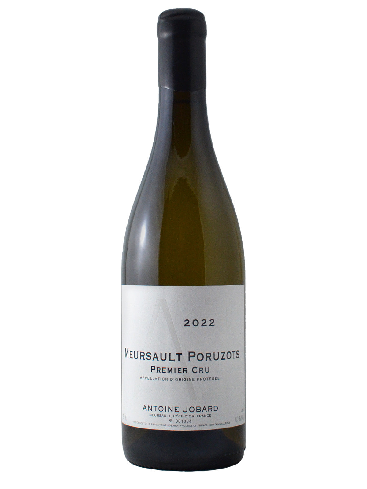 A bottle of Antoine Jobard Meursault 1er Cru Poruzots 2022 wine with a label displaying the brand, variety, and vintage.