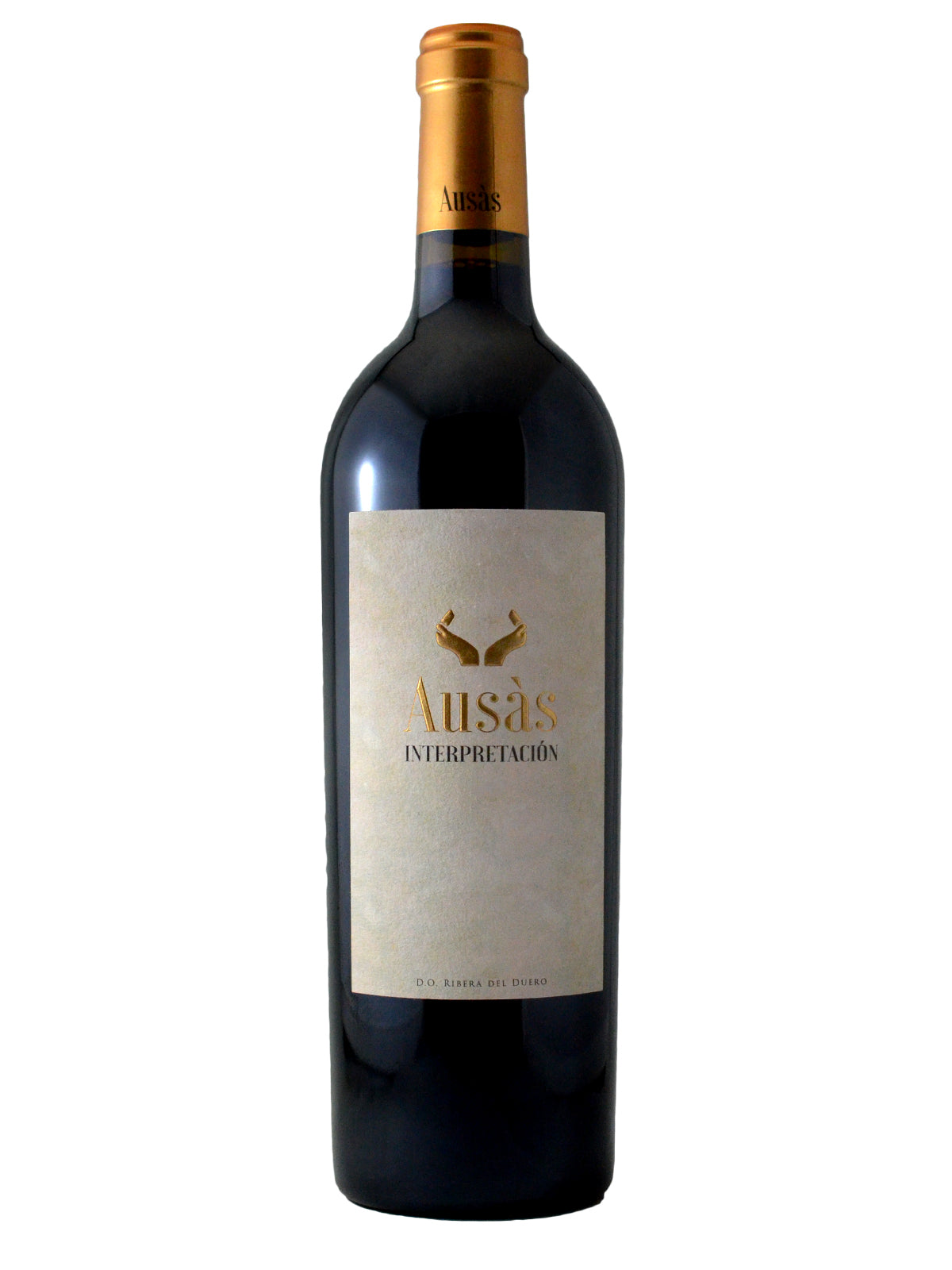 A bottle of Ausas 'Interpretacion' Tempranillo 2020 wine with a label that includes the brand name and the word 'Interpretacion'. The bottle capsule is gold-colored.