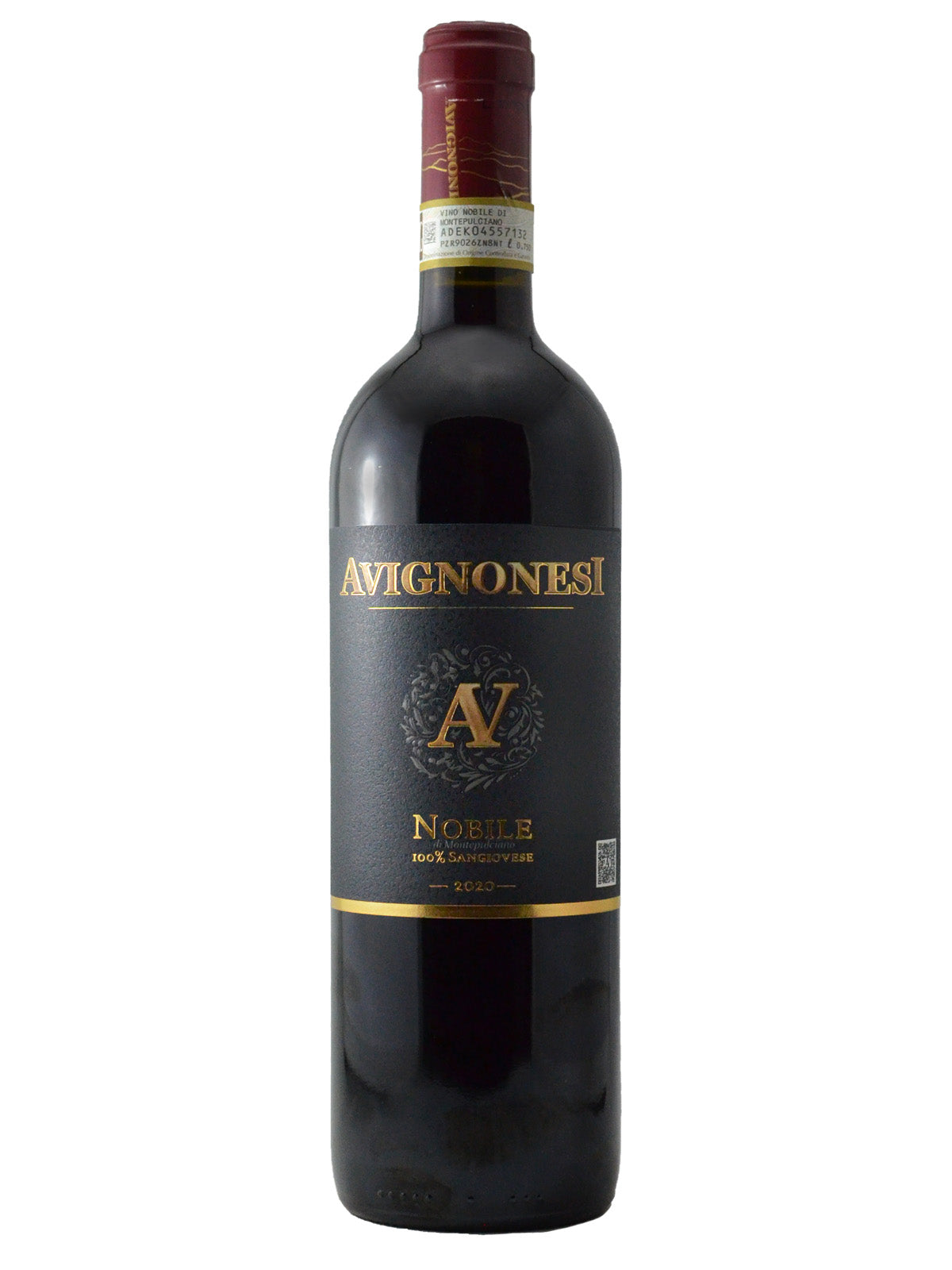 A bottle of Avignonesi Vino Nobile di Montepulciano D.O.C.G. Sangiovese with a dark label and a gold accent.
