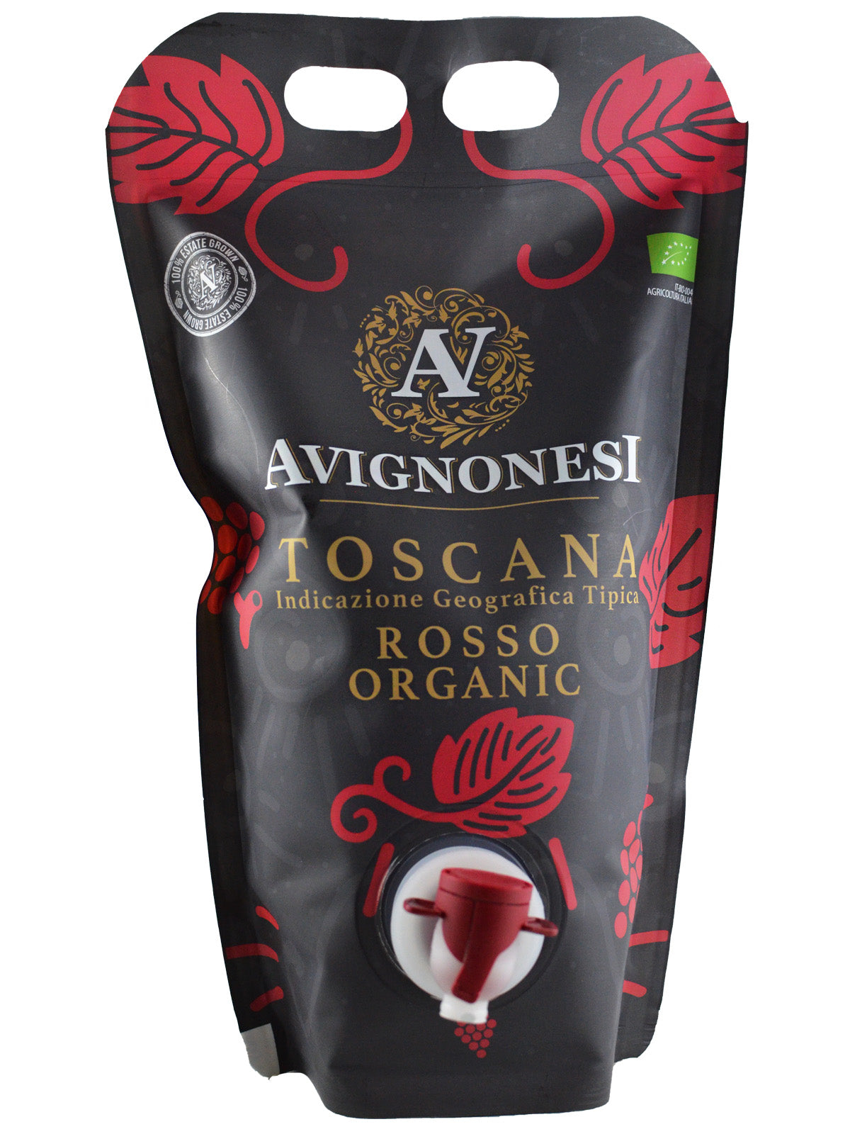 A bag-in-box packaging of Avignonesi Toscana Rosso Organic wine with a black and red design, including the brand logo and organic certification symbols.