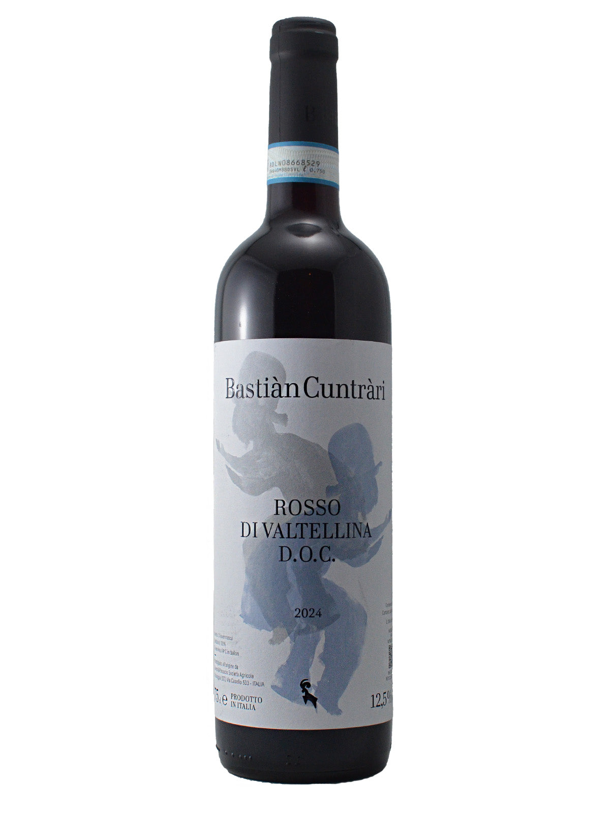 Wine bottle with label that reads 'Bastian Cuntrari Rosso di Valtellina DOC 2024' set against a white background. Black capsule/enclosure.