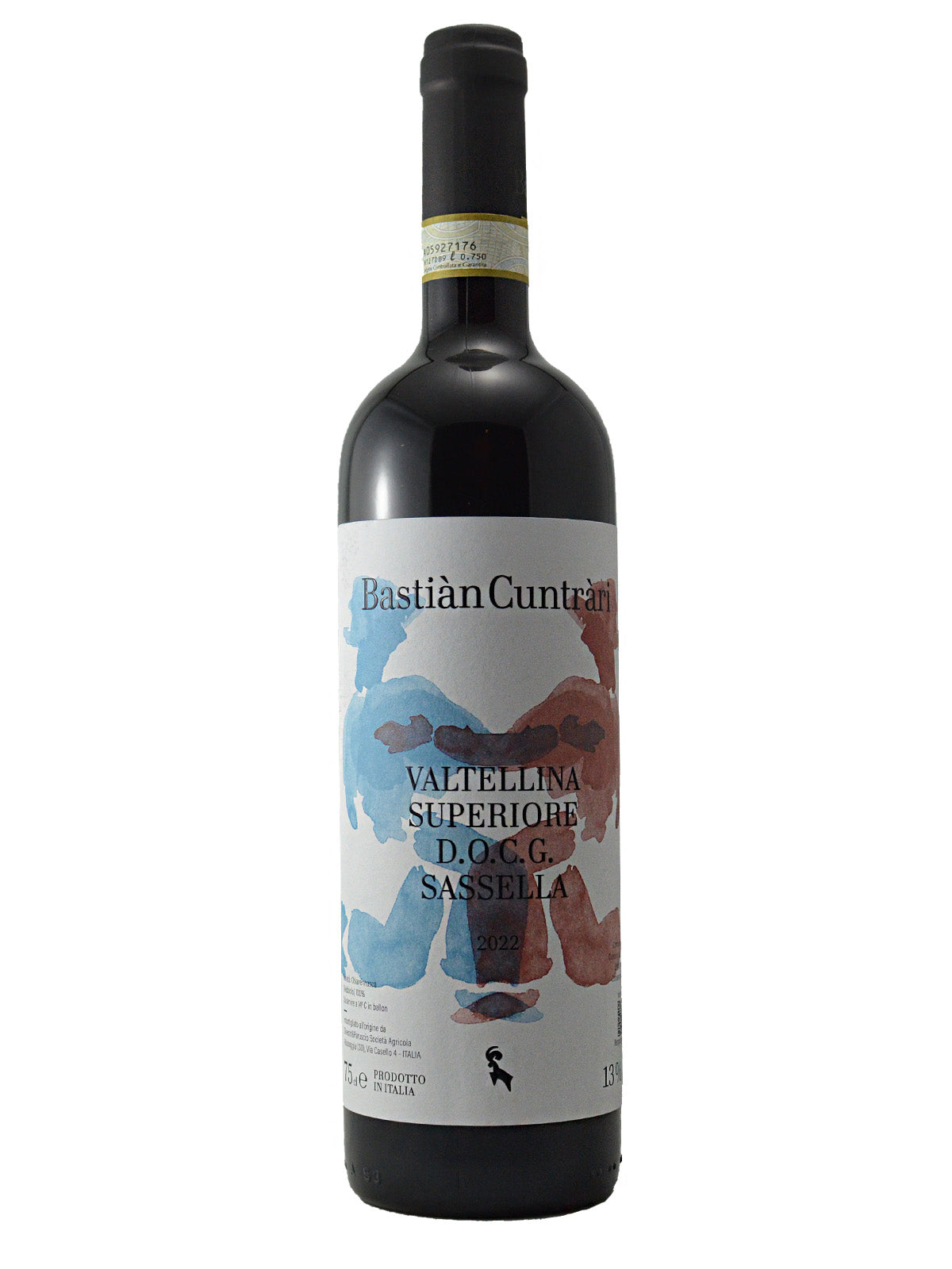 Wine bottle with label reading 'Bastian Cuntrari Vatellina Superiore DOCG Sassella' text over watercolour image on a white background. Black capsule/enclosure.
