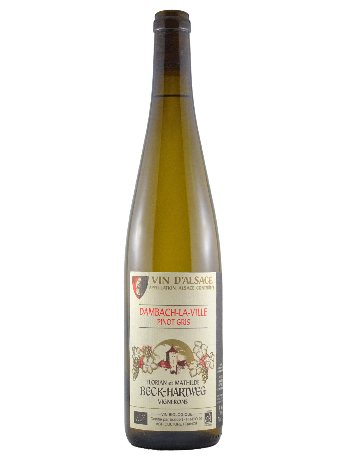 Bottle of Beck-Hartweg Dambach-la-Ville Pinot Gris wine with label information including Vin D'Alsace and a Vin Bio designation flag surrounding a drawn image of flowers and a chateau. All set against a white background.