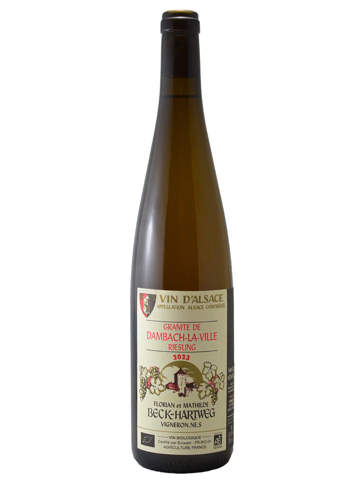 A bottle of Beck-Hartweg Dambach-la-Ville Riesling wine with a label that includes the name of the wine, the region 'Alsace', and the country 'France'.