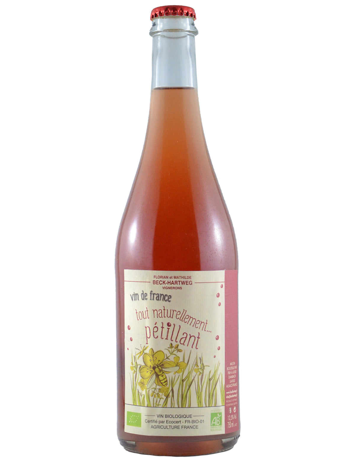 Bottle of Beck-Hartweg Tout Naturellement Pet Nat wine with a label showing the brand name and 'VIN BIOLOGIQUE' text, indicating it's an organic product from France. Pop-cap style enclosure. All set against white background.