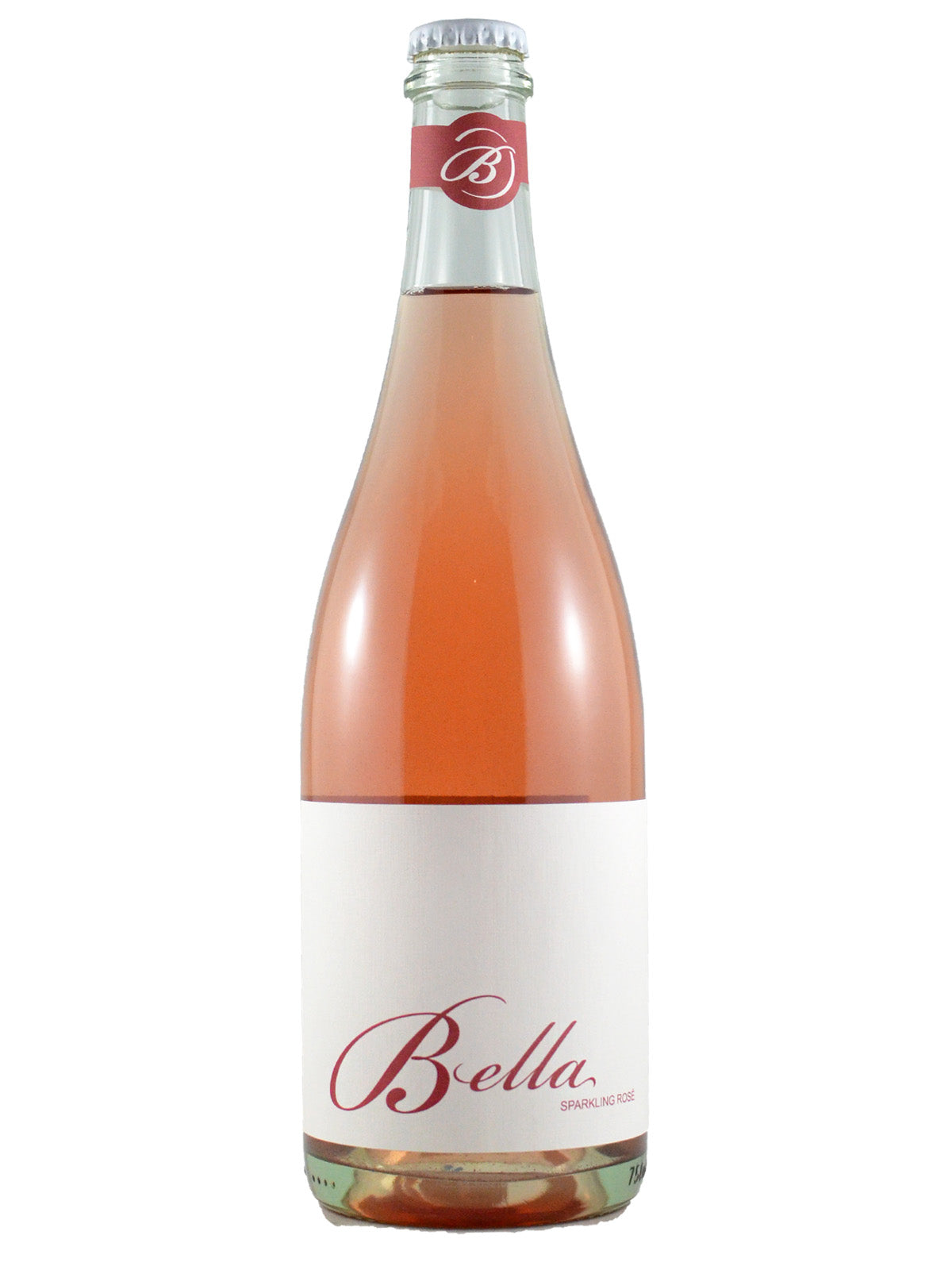 A bottle of Bella Sparkling Gamay Noir wine with a pink hue and a white label featuring the 'Bella' brand name. Pop-cap style enclosure. All set against white background.
