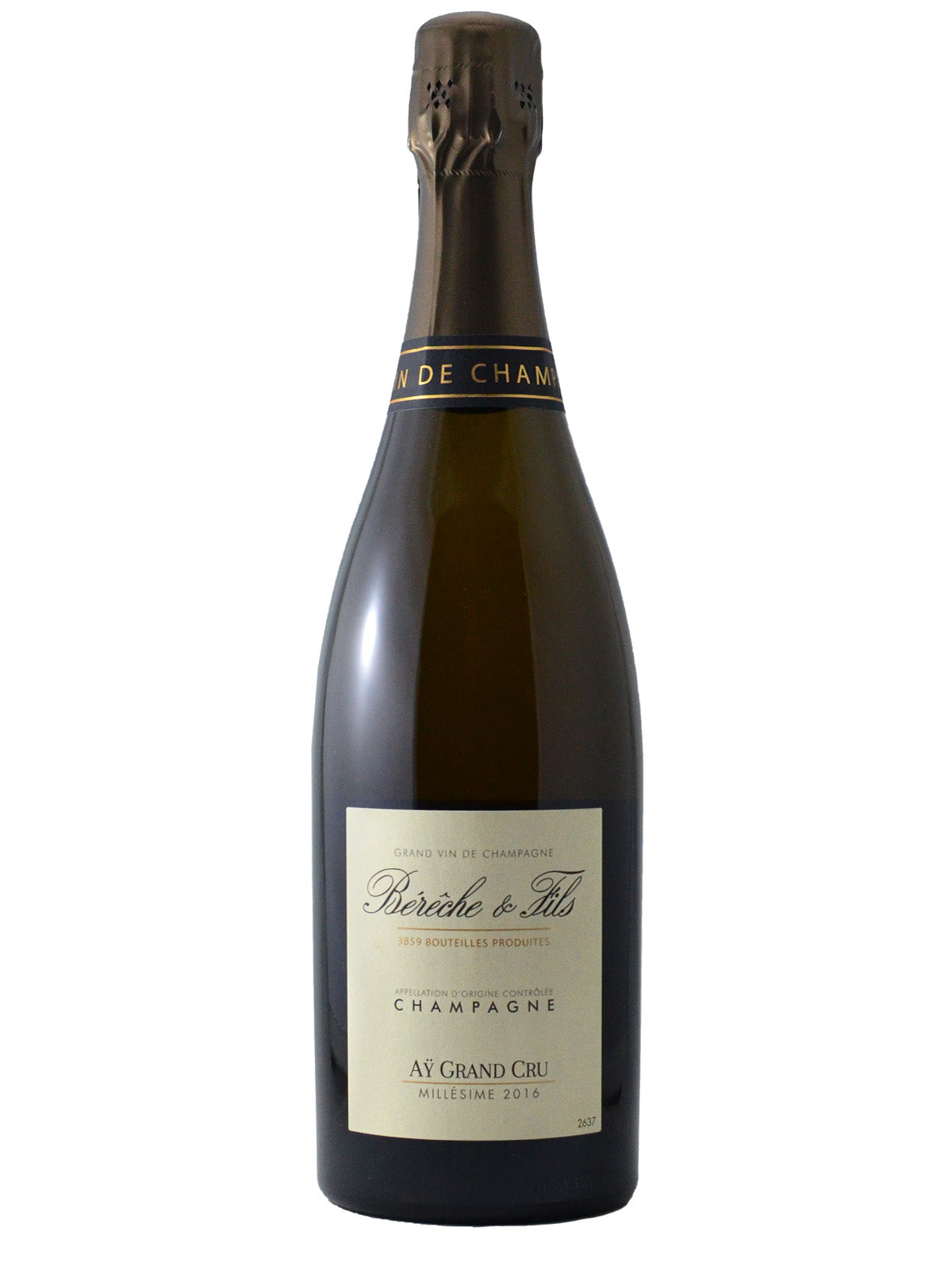 A bottle of Bereche et Fils Ay Grand Cru - Milllesime 2016 Champagne with a light coloured label and script and modern text indicating its premium quality.