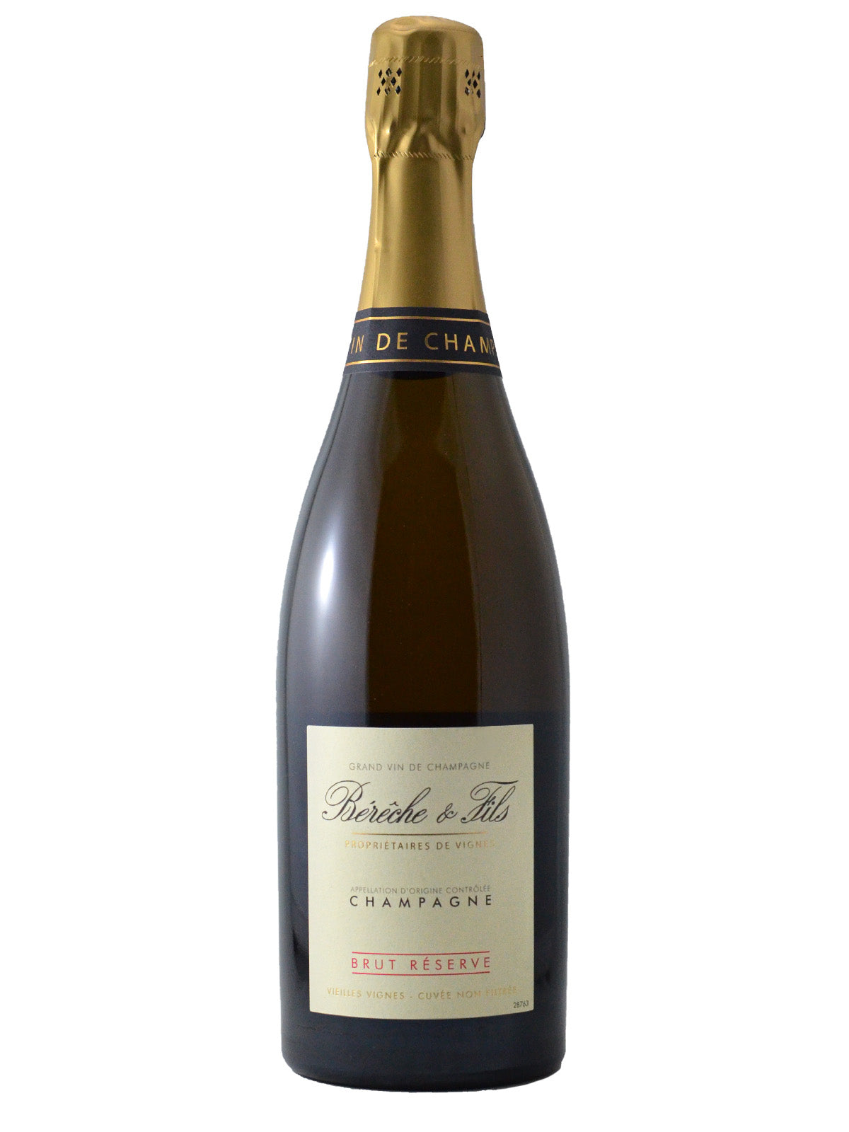 A bottle of Béréche et Fils Brut reserve Champagne with a label and text indicating its brand and type.