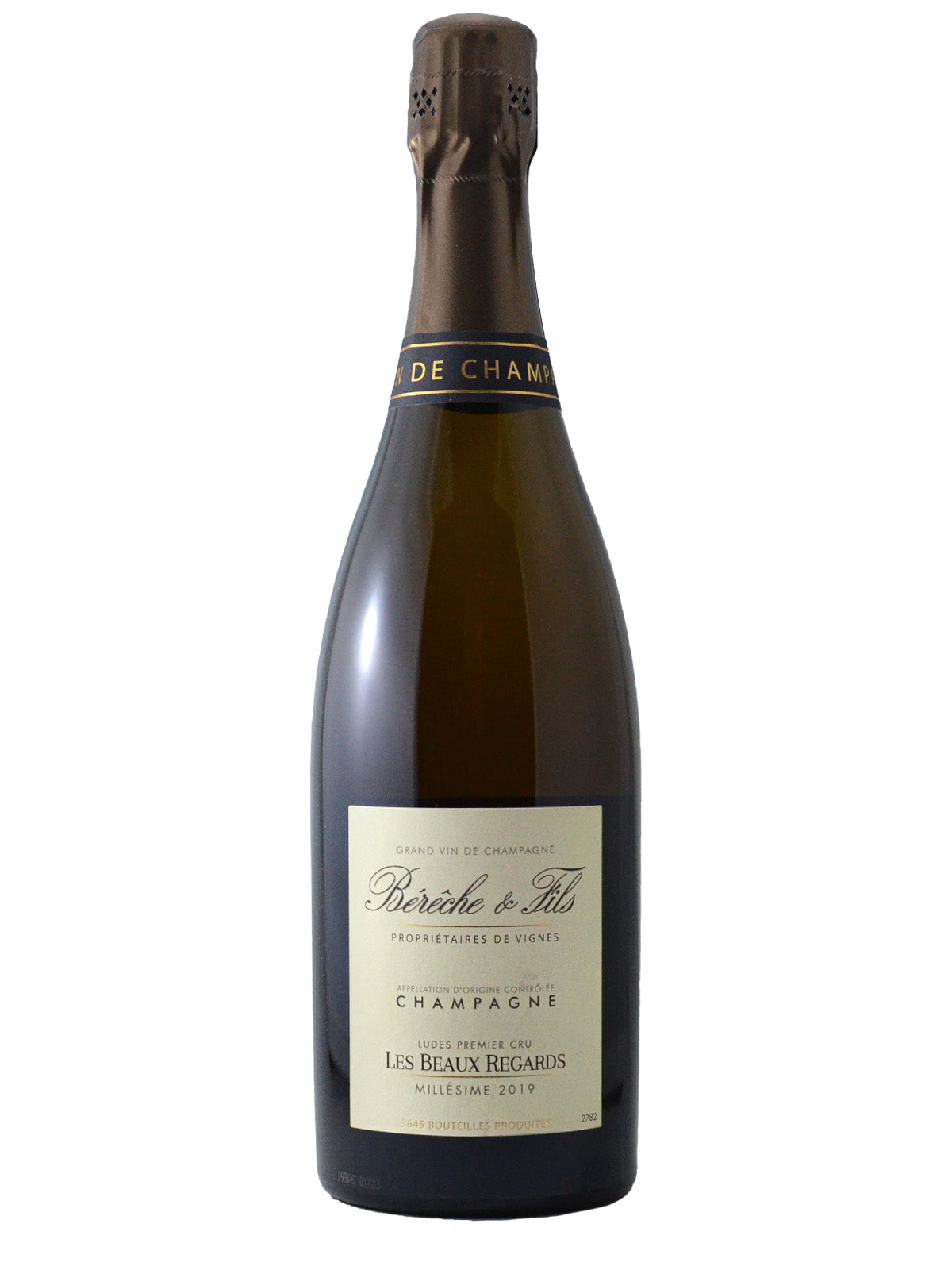 A bottle of Béréche et Fils Les Beaux Regards Premier Cru Champagne, with a label indicating it is a product from Montagne de Reims, Champagne, France.