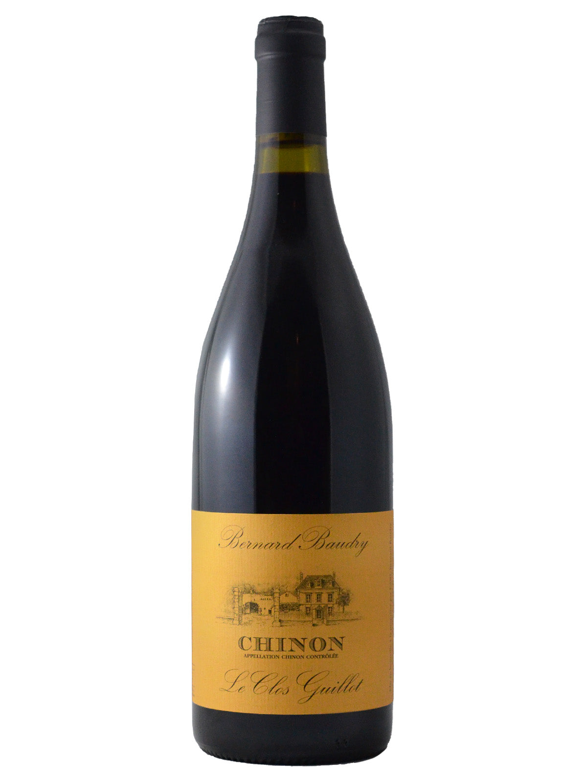A bottle of Bernard Baudry 'Le Clos Guillot' Chinon with an orange label that includes the name of the producer and the wine in script writing and the appellation 'CHINON' in capital block letters. An etched monochrome drawing of the chateau adorns the middle. All set against a white background.