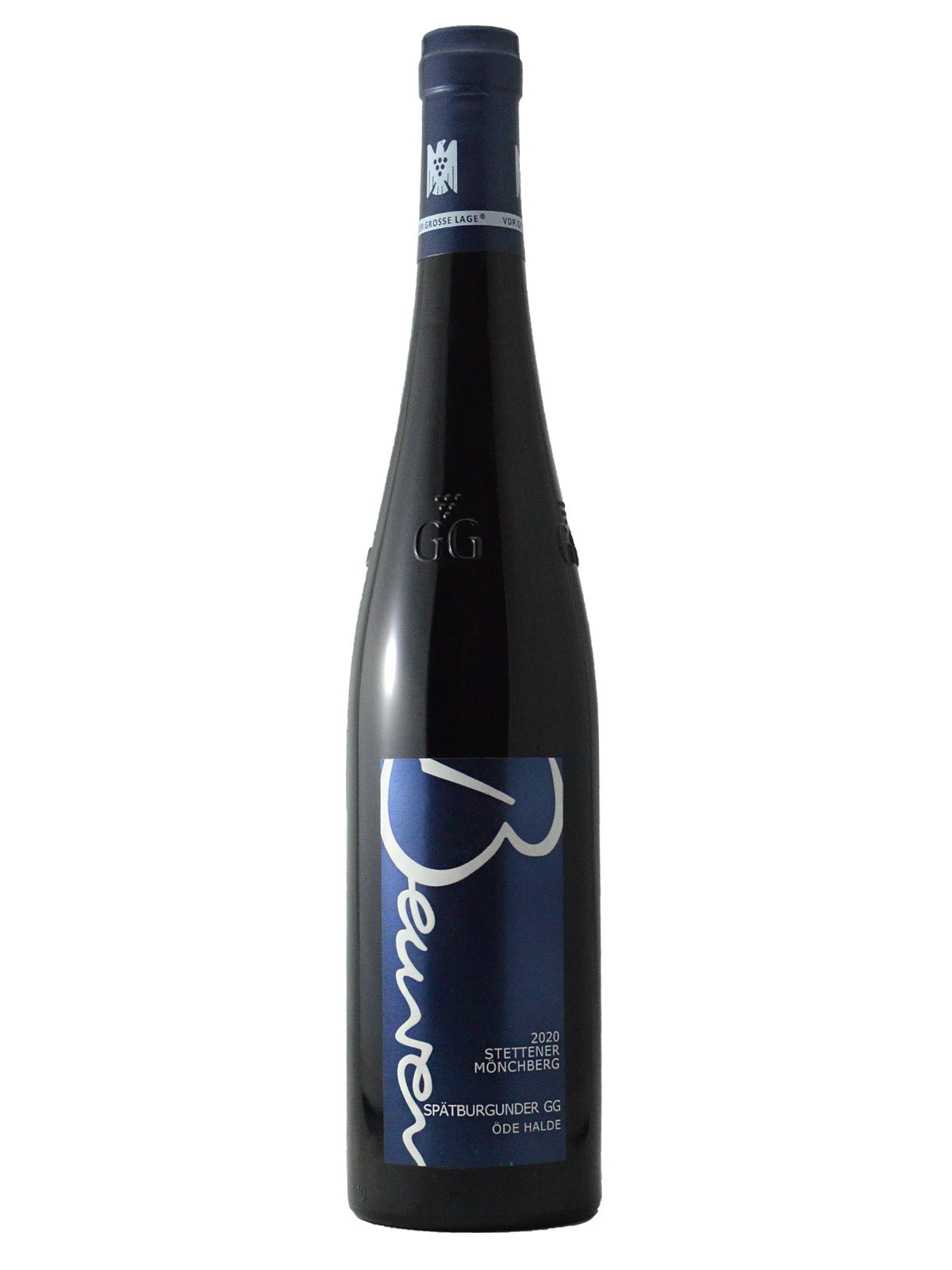 A bottle of Beurer Stettener Mönchberg Spatburgunder GG wine with a dark metallic blue label and silver text.