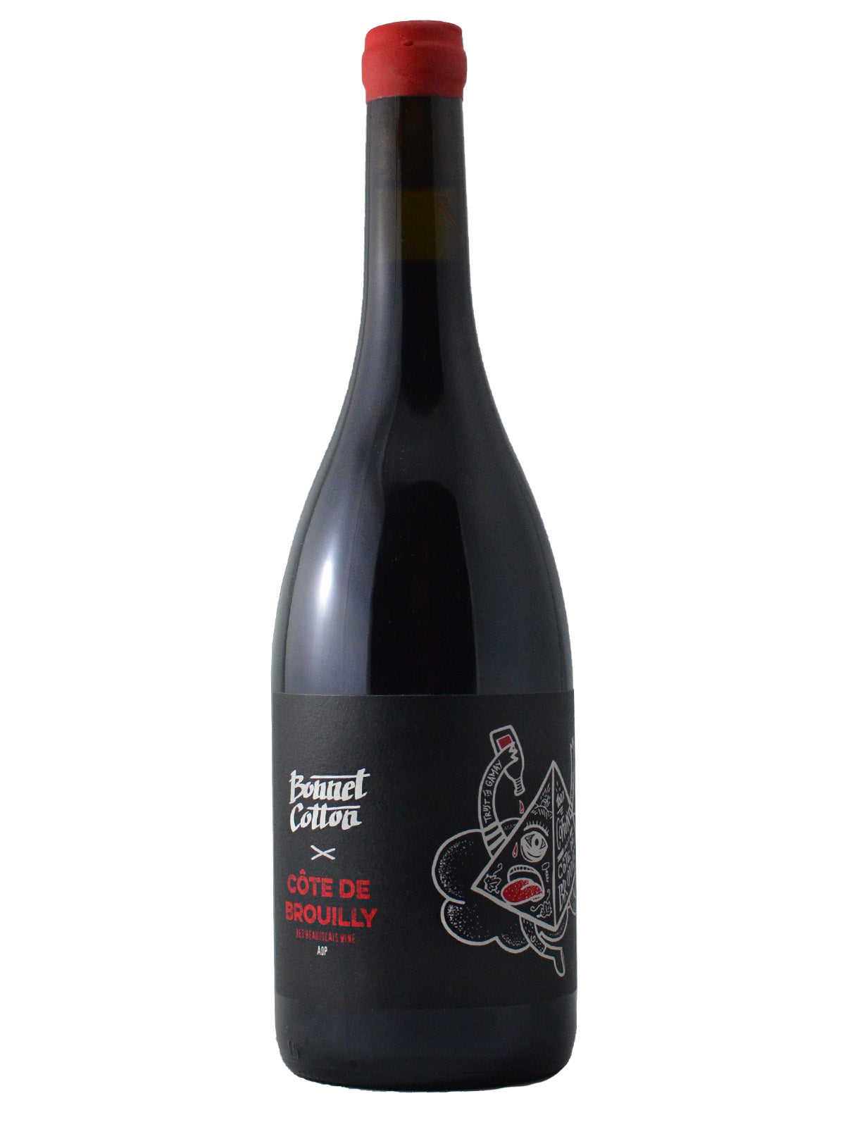 A bottle of Domaine Bonnet Cotton 100% Cotton Cote de Brouilly Gamay wine with a label featuring a crude and playful illustration of a one-eyed pyramid pouring wine onto its tongue. Red enclosure on the top. All set against white background.