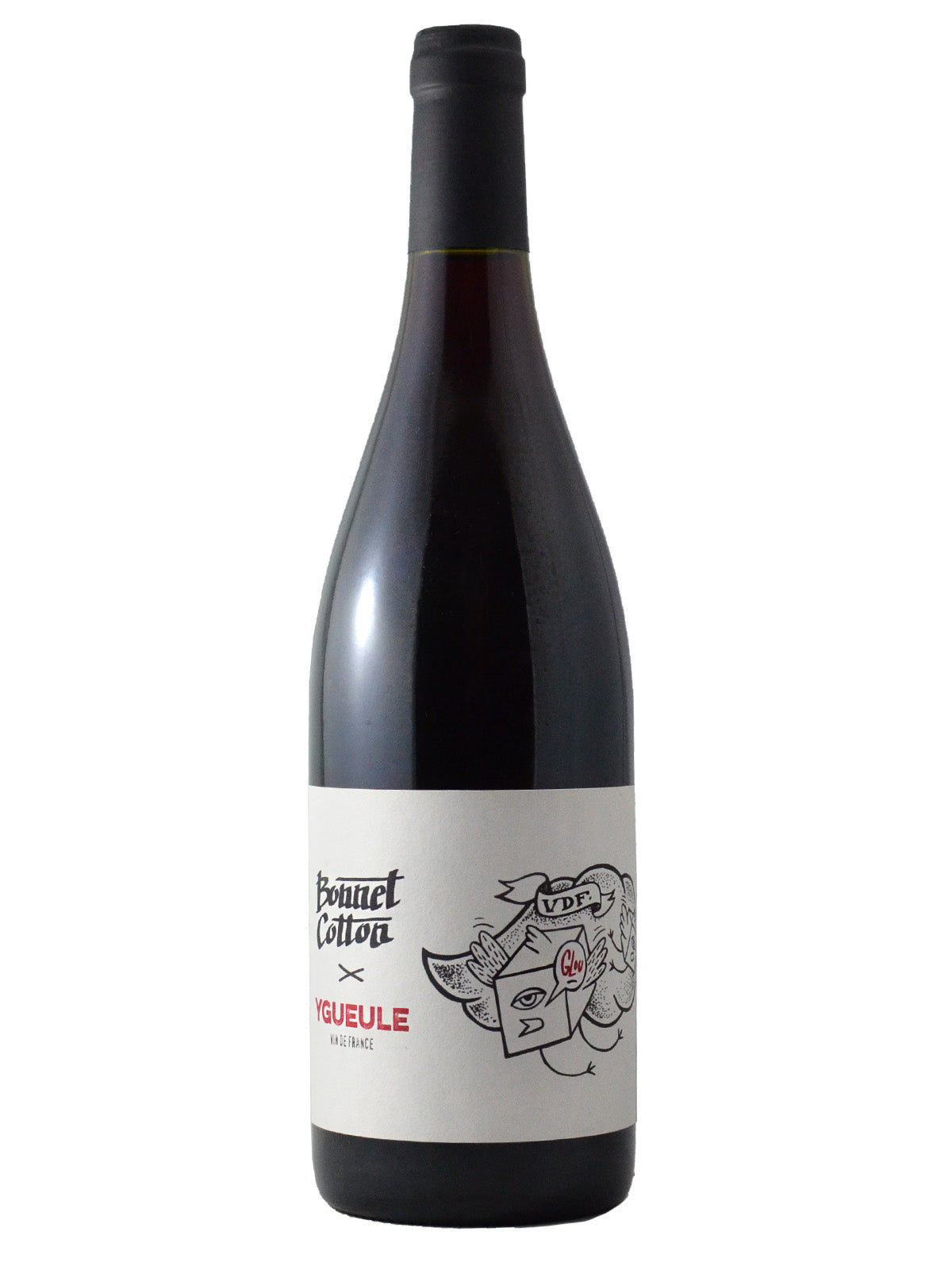 Bottle of Bonnet Cotton Ygueule red wine with a label featuring a cartoonish one-eyed 'flying cube'. Black enclosure. All set against white background.