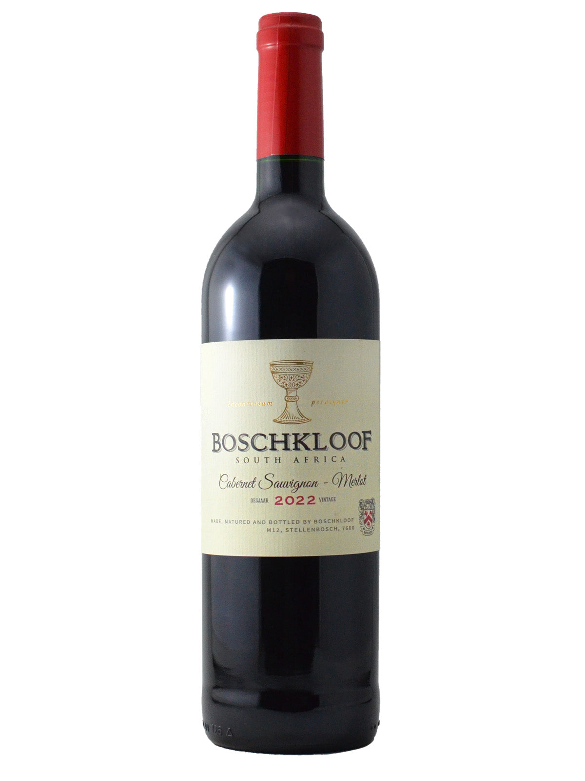 Bottle of 2022 Boschkloof Cabernet Sauvignon-Merlot wine with a red label and red cap, indicating it is a red wine from Stellenbosch, South Africa.