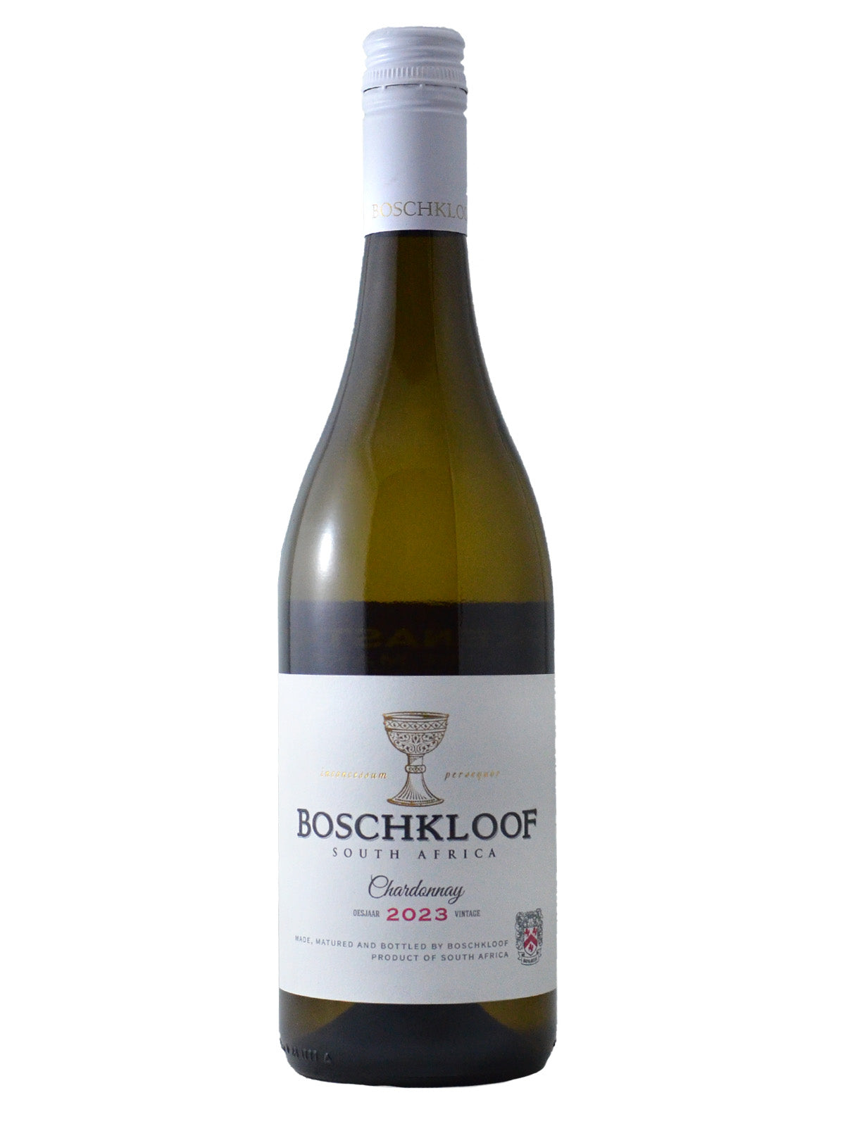Bottle of Boschkloof Chardonnay wine with a white label, representing Stellenbosch, South Africa, 2023 vintage. White screw cap enclosure. All set against a plain white background.