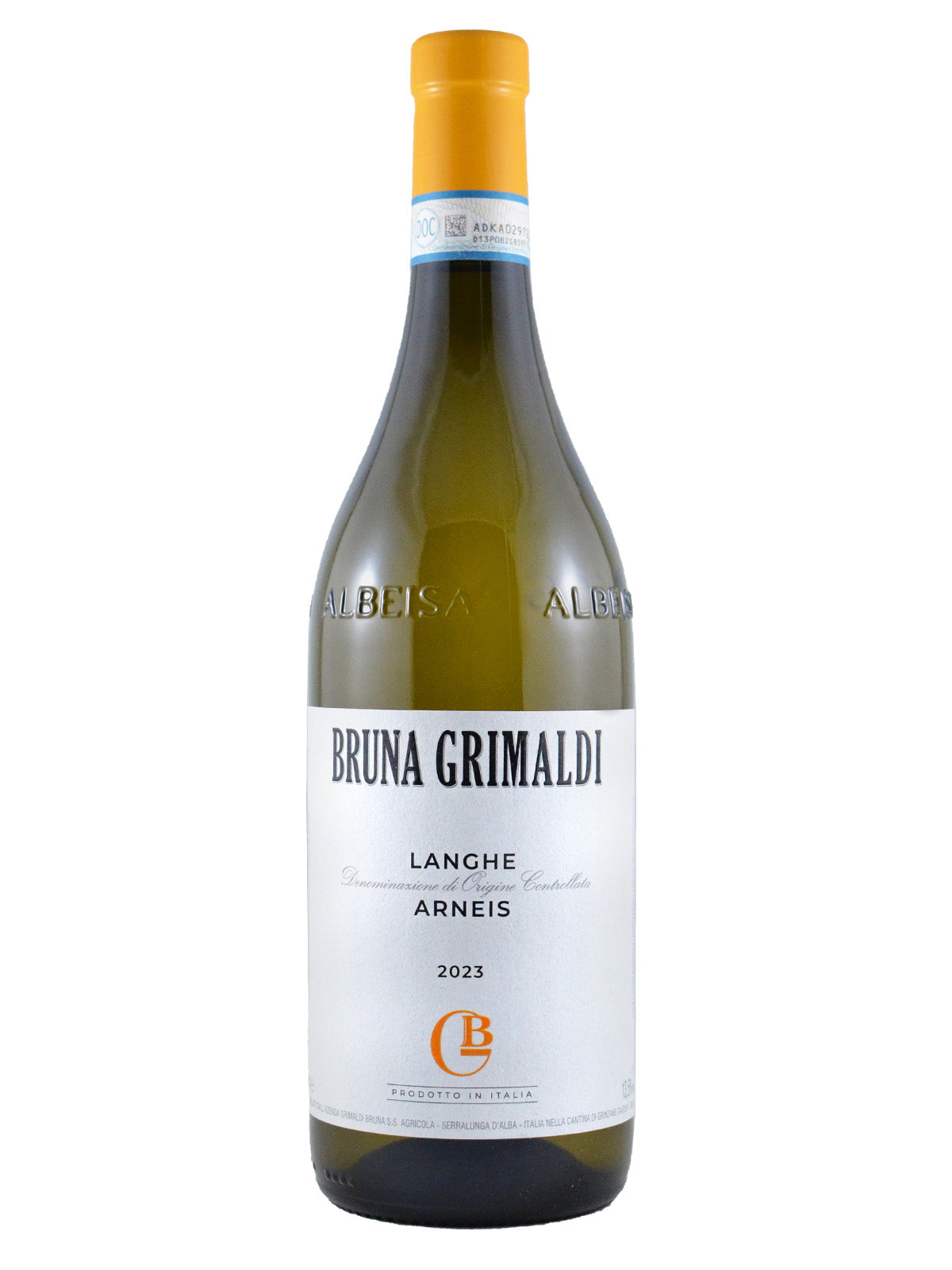 Bottle of Bruna Grimaldi Langhe Arneis white wine (2023) with white label (black text, orange company logo), orange enclosure over cork. All set against white background.