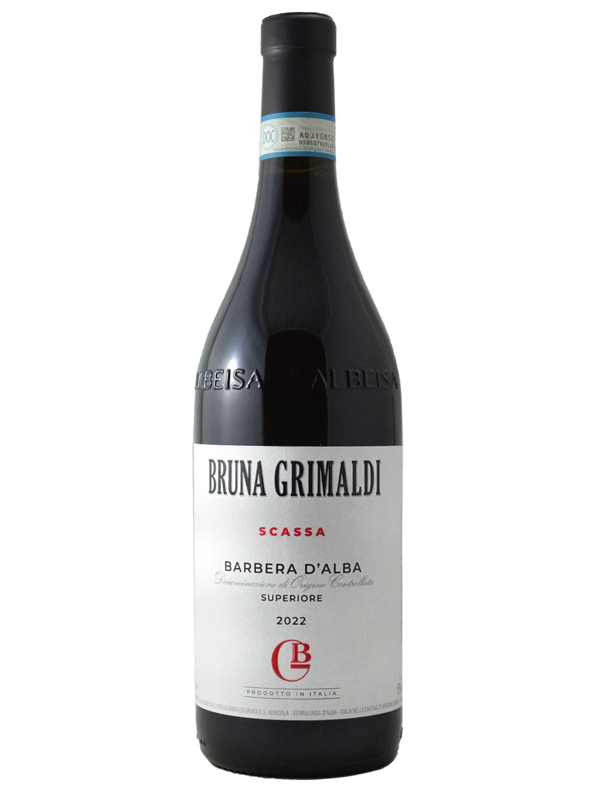 Bottle of Bruna Grimaldi 'Scassa' Barbera d'Alba red wine with white label/black & red text. 2022 vintage. Black enclosure over cork. All set against plain white background.
