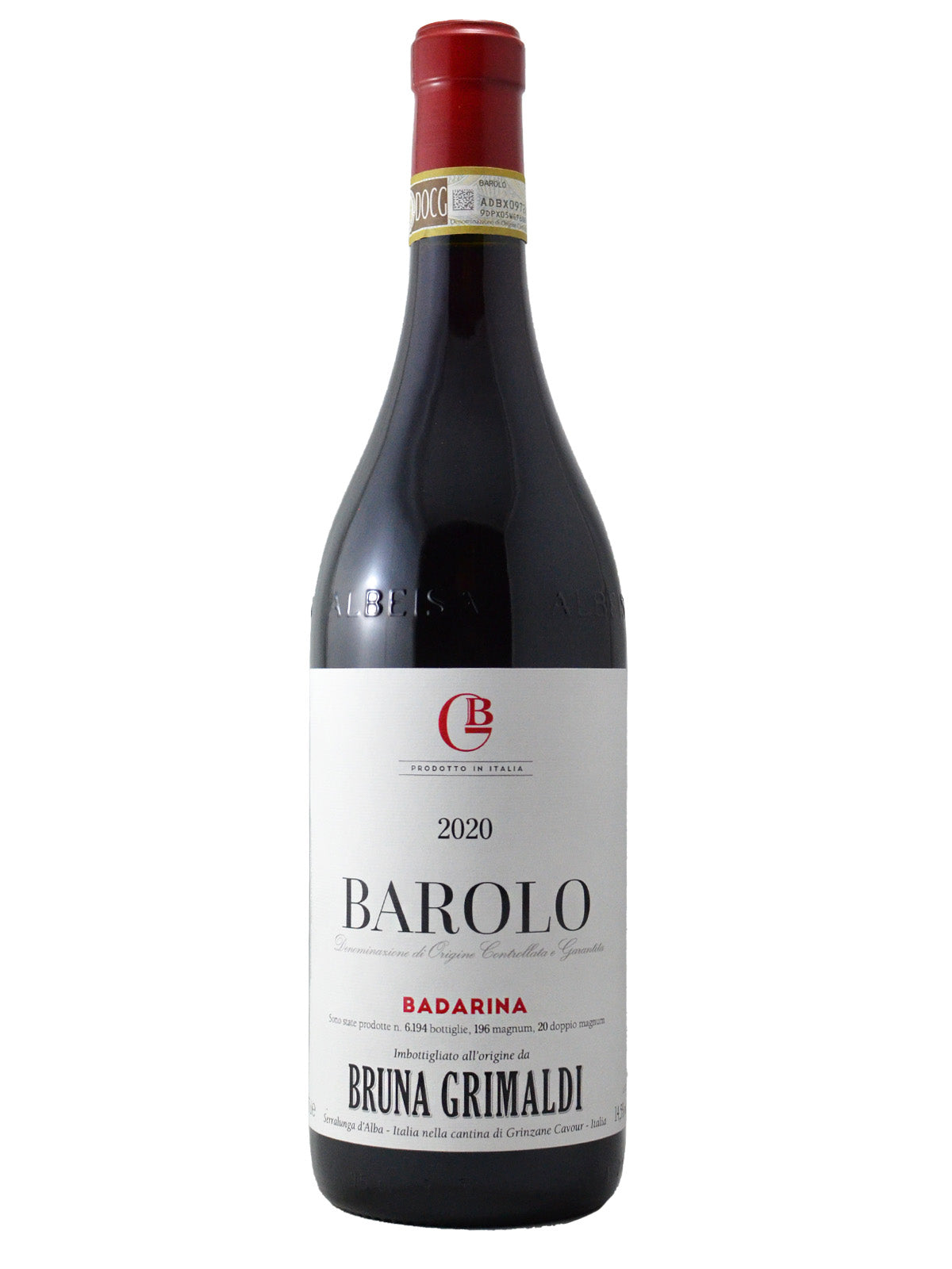 A bottle of Bruna Grimaldi Badarina Barolo wine with a red enclosure (cork) and white label featuring the brand name and vintage year (2020) in black and red text.