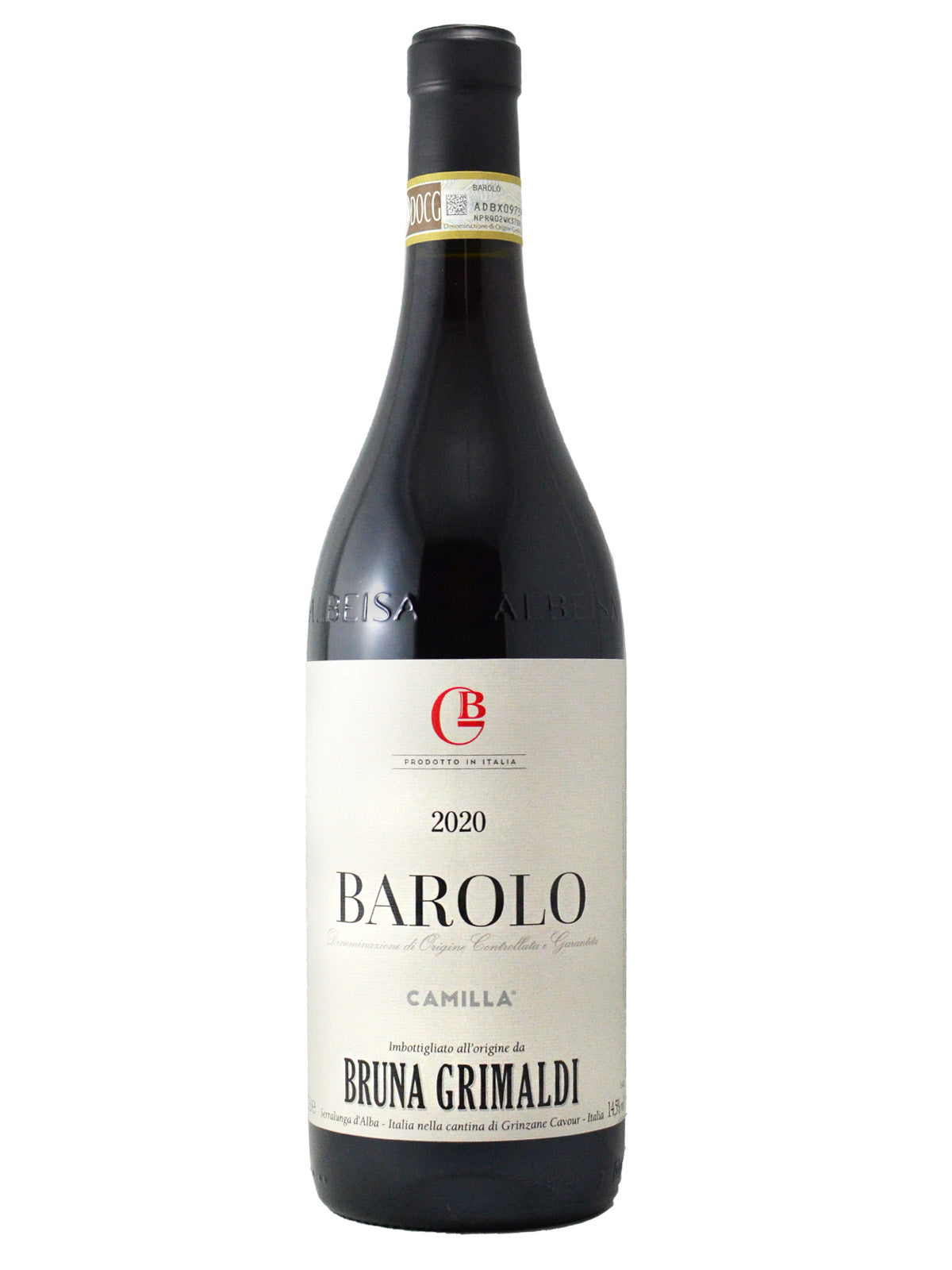 Bottle of Bruna Grimaldi Camilla Barolo 2020 wine with label visible showing the brand, type and vintage year. Black foil enclosure (cork). All set against white background.