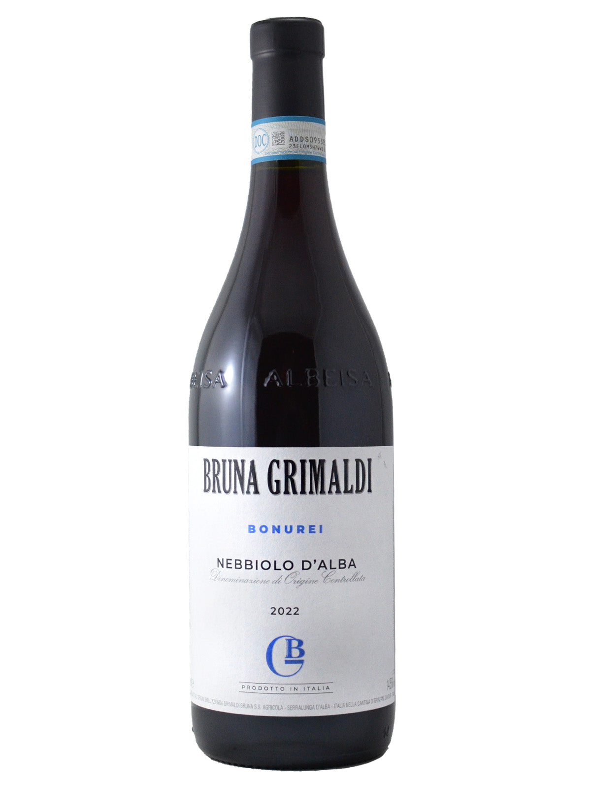 Bottle of Bruna Grimaldi Nebbiolo d'Alba wine "Bonurei" 2022 with label information visible in blue and black text. Black enclosure over cork. All set against plain white background.