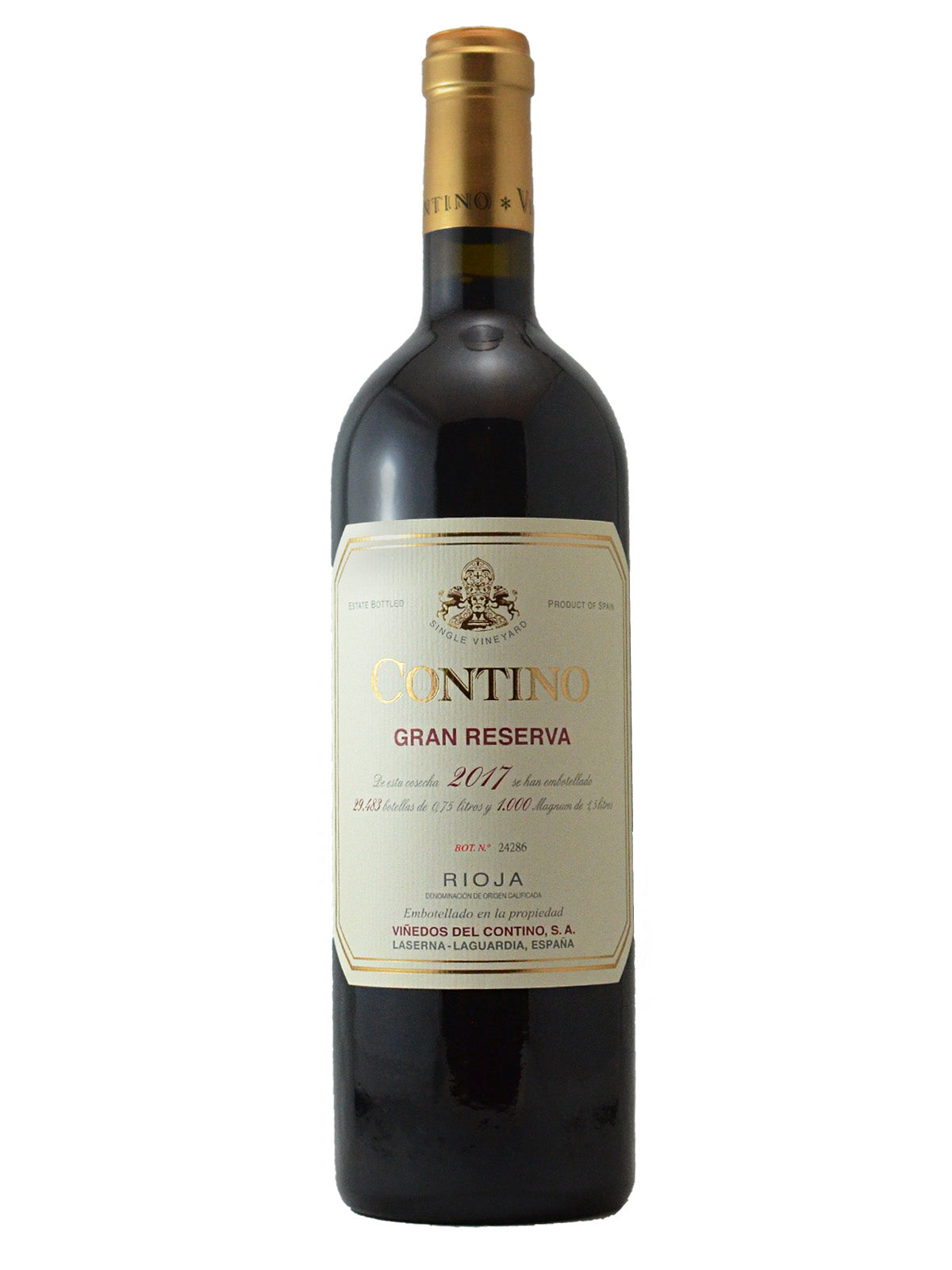 Bottle of Continó Gran Reserva wine on a white background. Gold enclosure over cork.