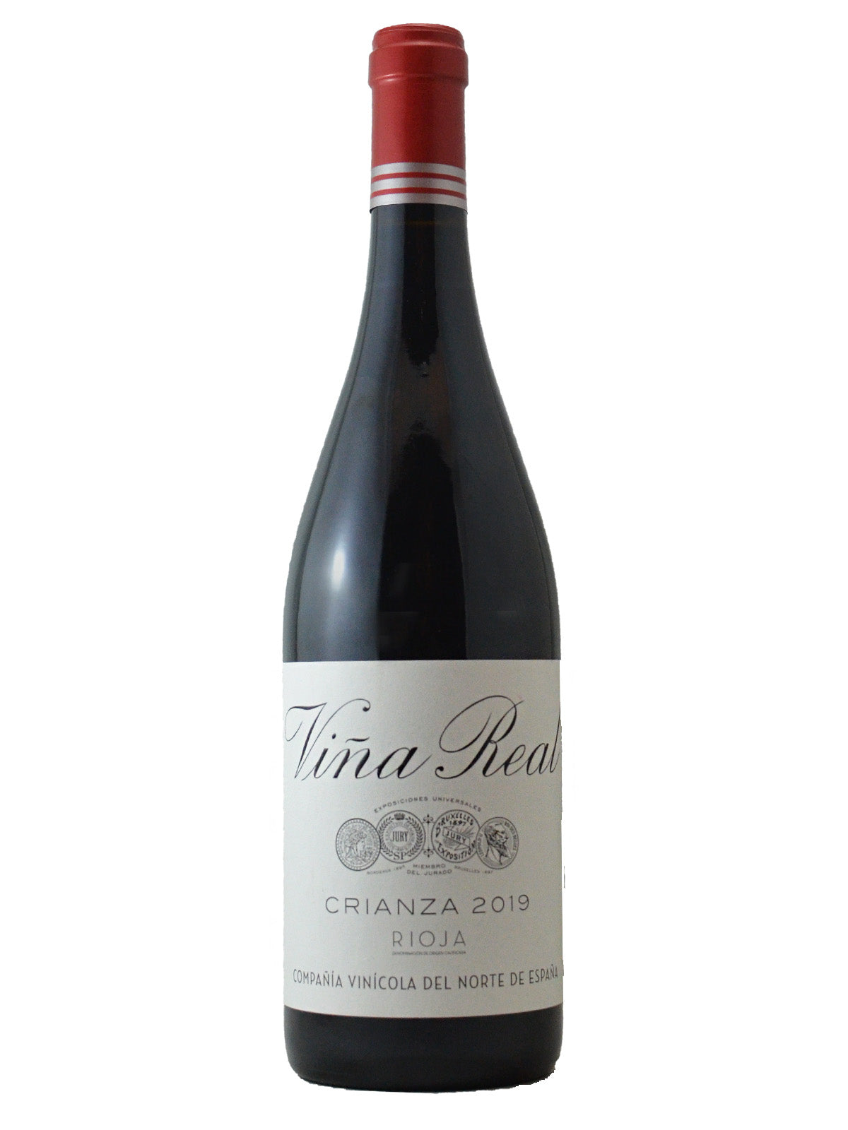 Wine bottle with a red capsule and white label on a white background. Label reads 'Vina Real' in script and 'CRIANZA 2019 RIOJA' in block capital letters.