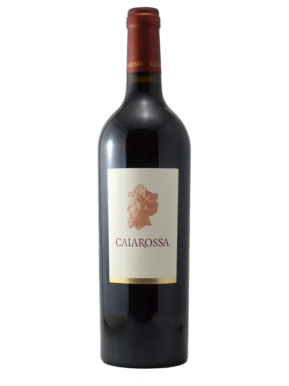 A bottle of Caiarossa 2019 wine with a red foil enclosure and a white and gold label showcasing a brick-red drawing of the wine estate from above and 'CAIAROSSA' text, set against a plain background.