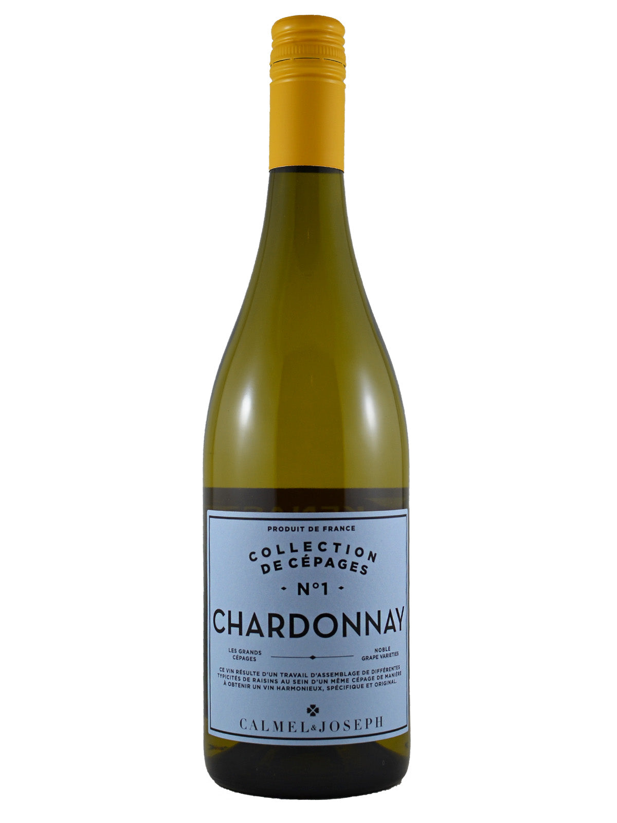 Wine bottle (white wine - green glass) with a yellow cap and white label on a white background. Label text reads Collection de Cepages No 1 Chardonnay - Calmel & Joseph. Yellowy-orange screw cap enclosure.