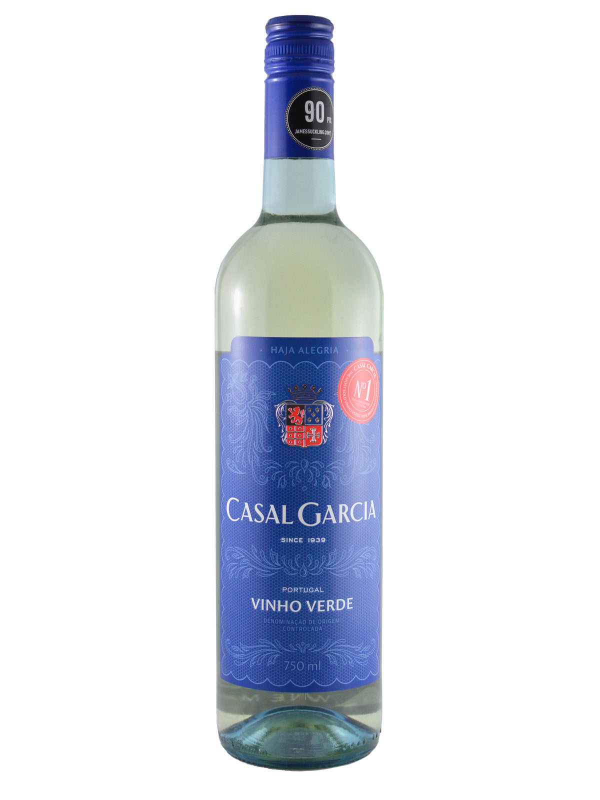 Bottle of Aveleda Casal Garcia Vinho Verde white wine with a blue label, indicating it is a product from Portugal.