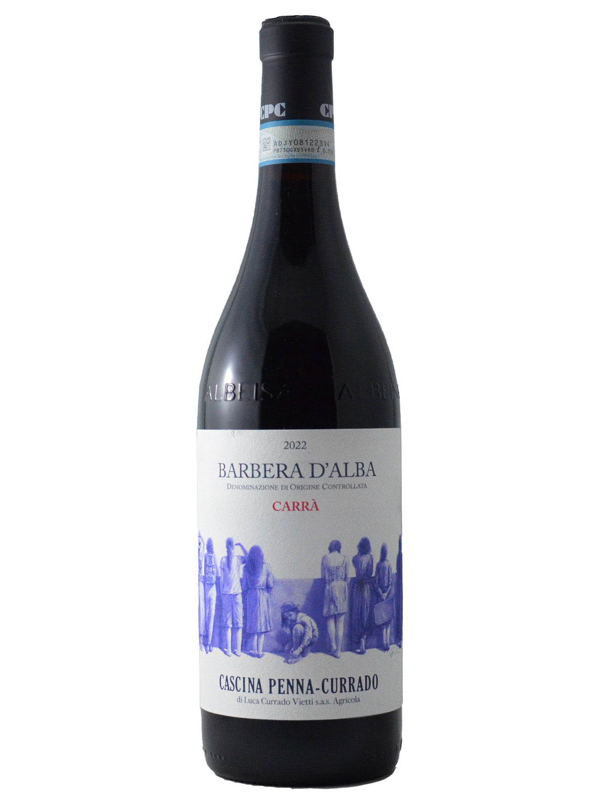 Bottle of Cascina Penna-Currado Barbera d'Alba 'Carrà' with label visible showing the wine name and some decorative elements in blue and white colors.