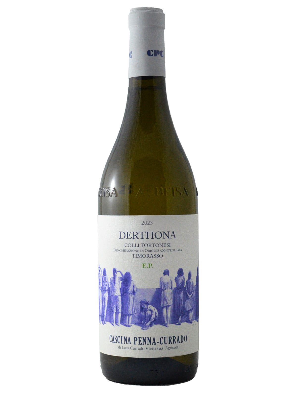A bottle of Cascina Penna-Currado Derthona Colli Tortonesi Timorasso E.P. white wine on a white background
