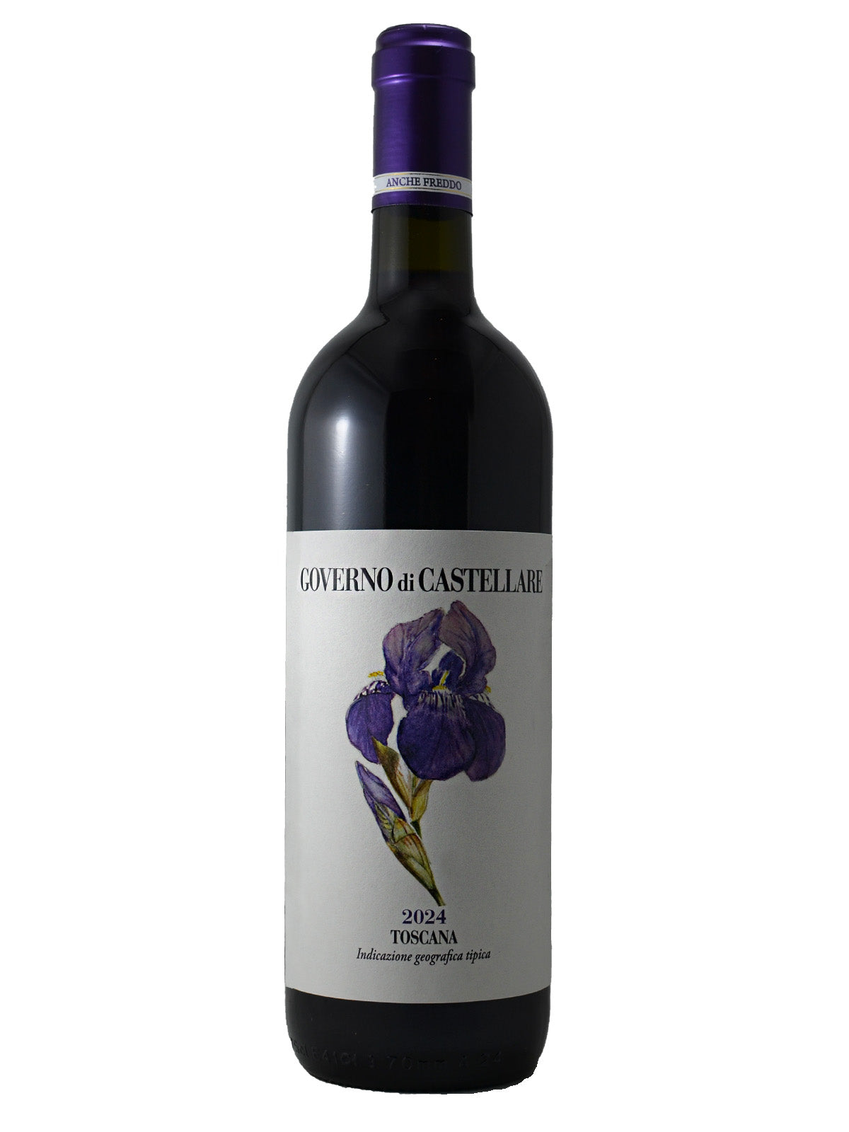 Wine bottle with a purple flower design on the label against a white background. Text on label says Governo di Castellare 2024 Toscana Indicazione geografica tipica.