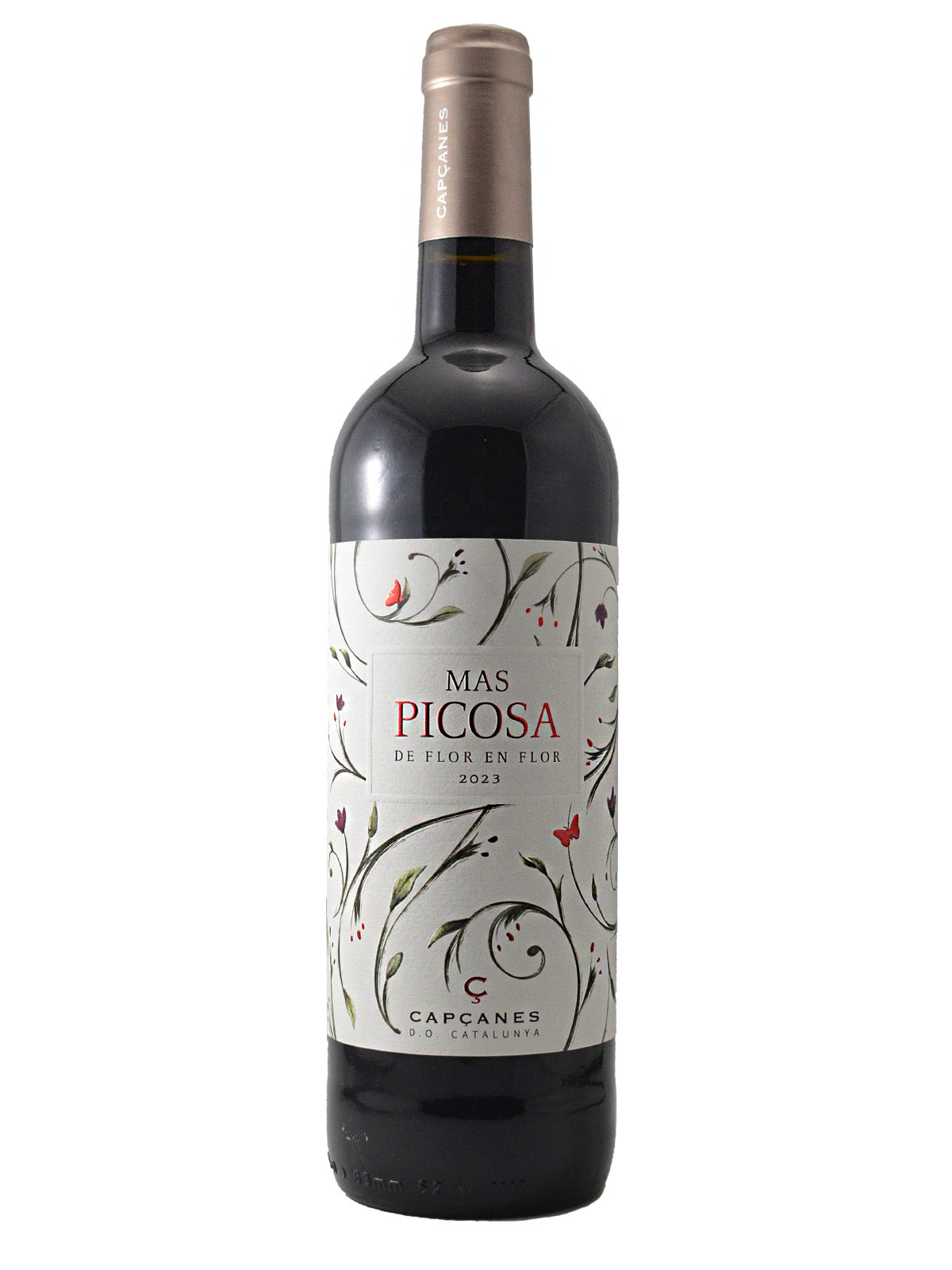 Wine bottle with a decorative label featuring floral designs and the wine name/producer/vintage on a white background. Rose gold coloured enclosure.