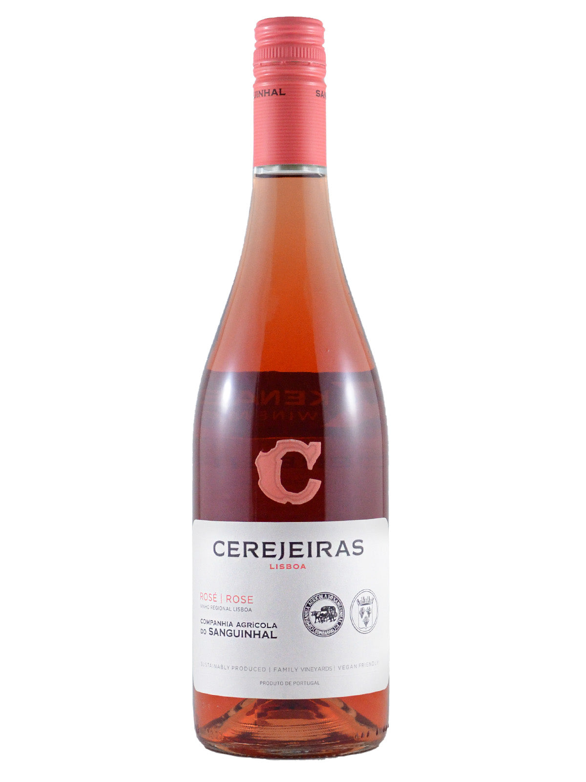 A bottle of Cerejeiras Lisboa Rose wine with a pink label and a red cap.