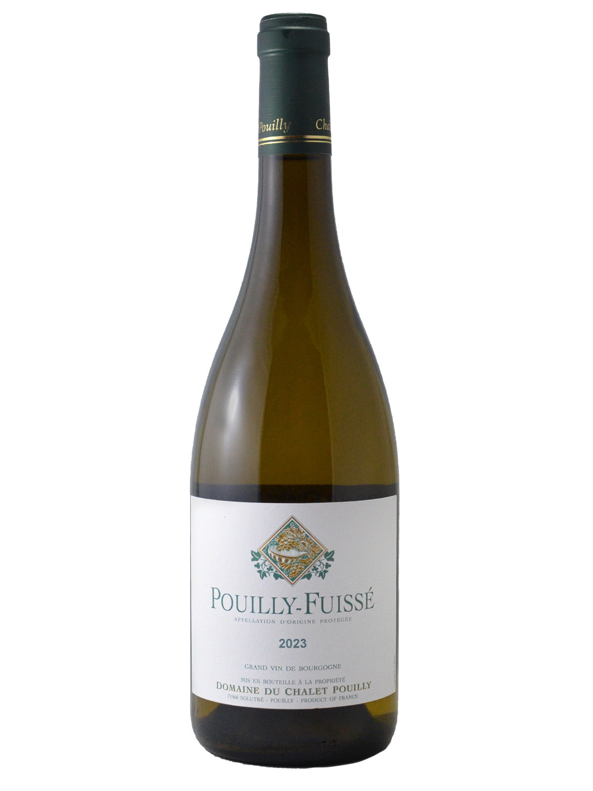 A bottle of Domaine du Chalet Pouilly Pouilly-Fuissé Chardonnay with a white label and a golden hue in the background.