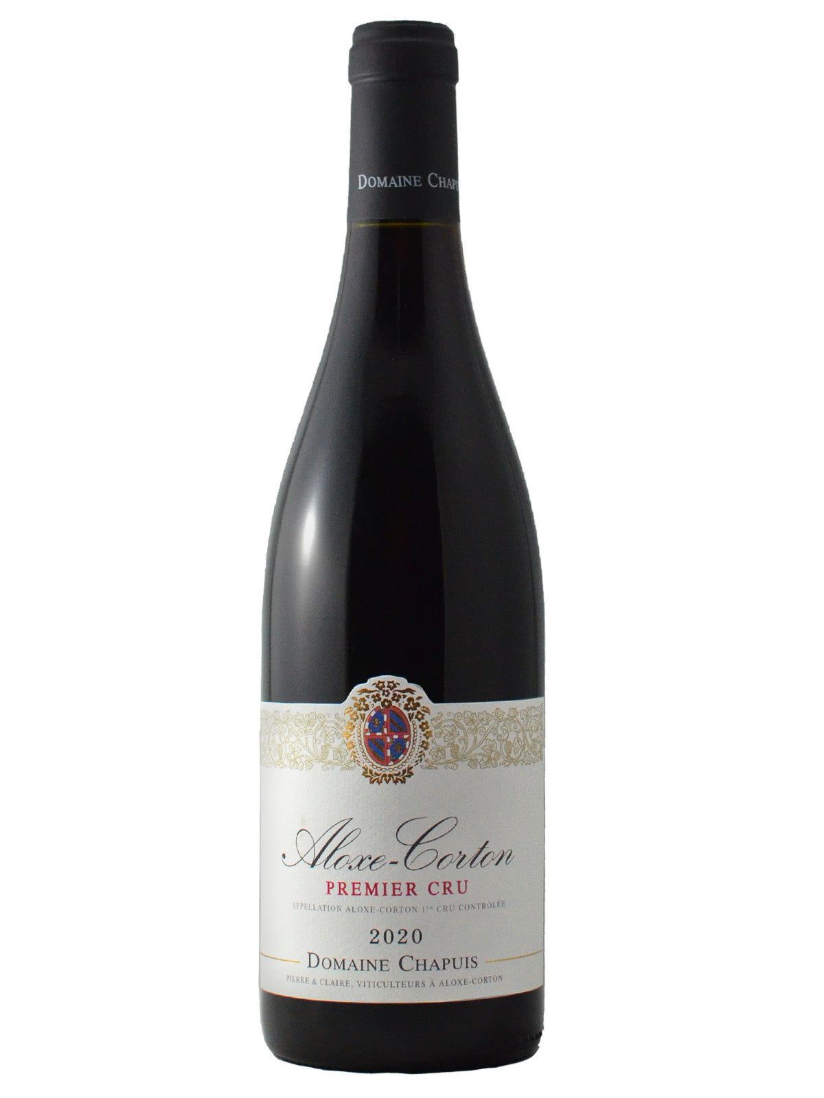Bottle of Domaine Chapuis Aloxe Corton premier cru Burgundy red wine with a classic old fashioned label and a black enclosure, all against a white background