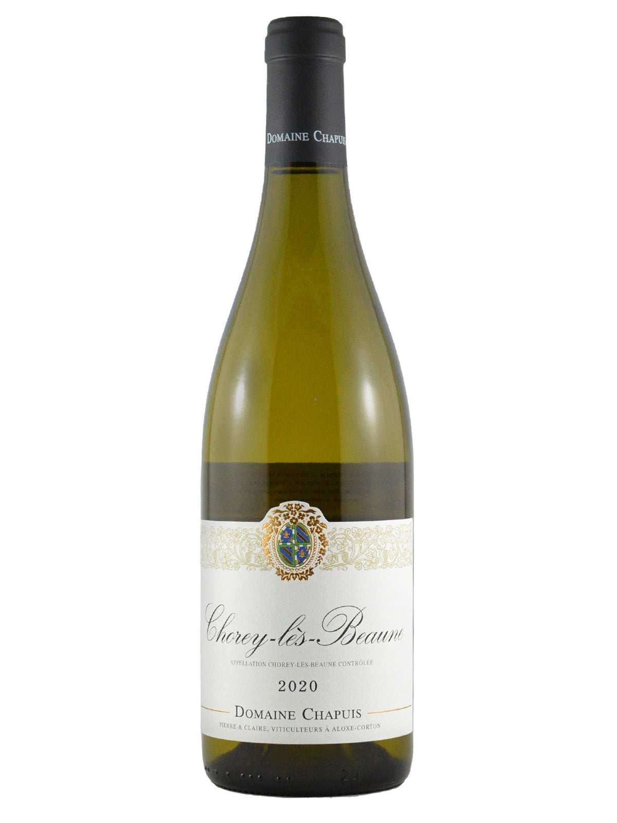 A bottle of 2020 Domains Chapuis Chorey-les-Beaune Burgundy wine with script and capital printing (name, year, location), black capsule, all against white background