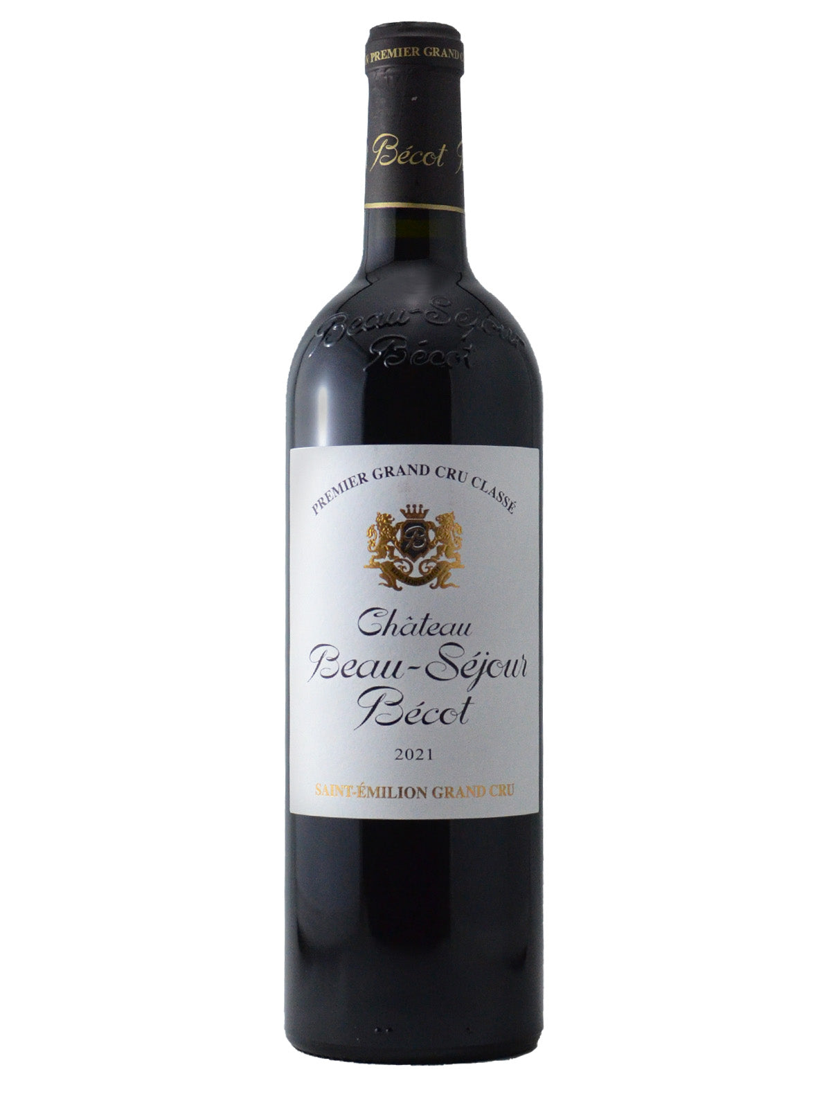 Bottle of Château Beau-Sejour Becot Saint-Emilion Premier Grand Cru Classe 2021 wine with label visible.