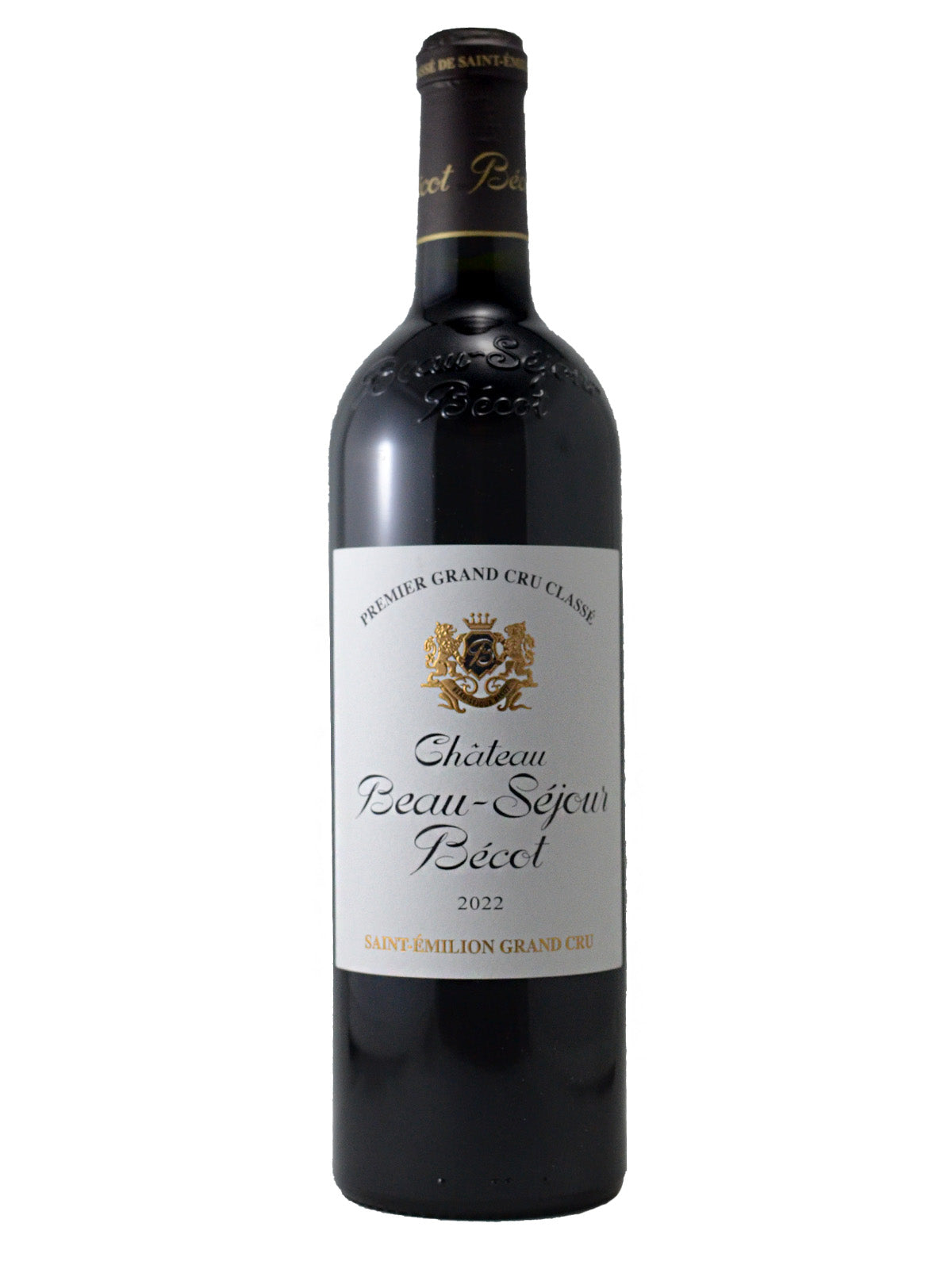 Bottle of Chateau Beau-Secours Becot 2022 Saint Emilion Premier Grand Cru red wine on a white background