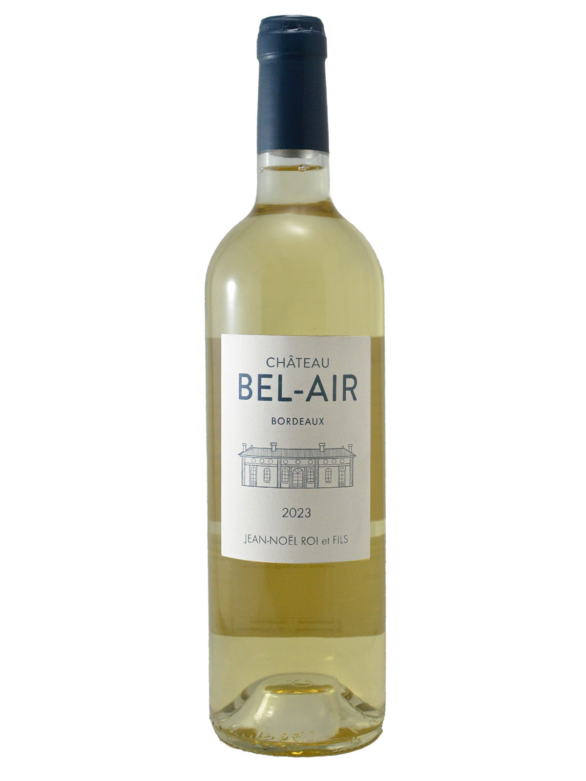 A bottle of Chéteau Bel-Air Bordeaux Blanc wine with a label indicating it is a product from Bordeaux, France.