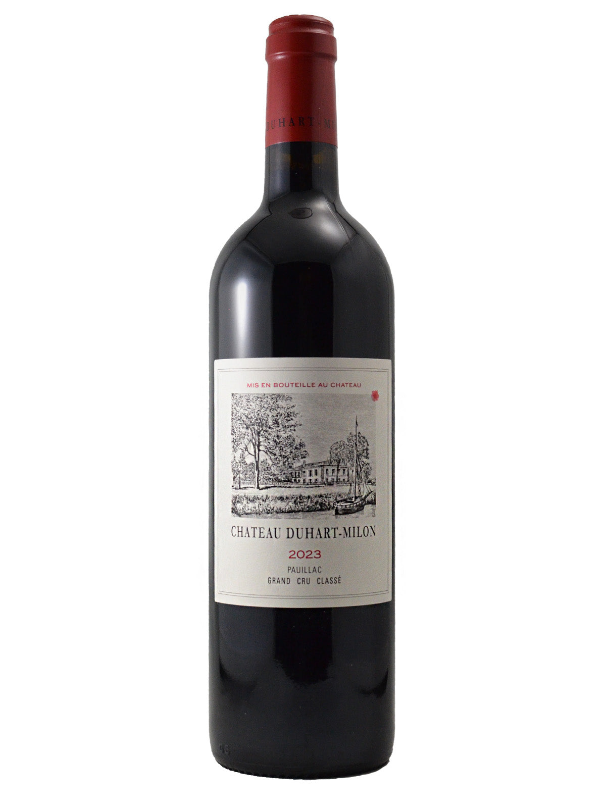 A bottle of Château Duhart-Milon 2023 Pauillac Grand Cru Classique red wine, featuring a dark glass bottle with a red foil seal and a white vintage-style label with a monochrome etching of a chateau surrounded by trees. All set against a plain white background.