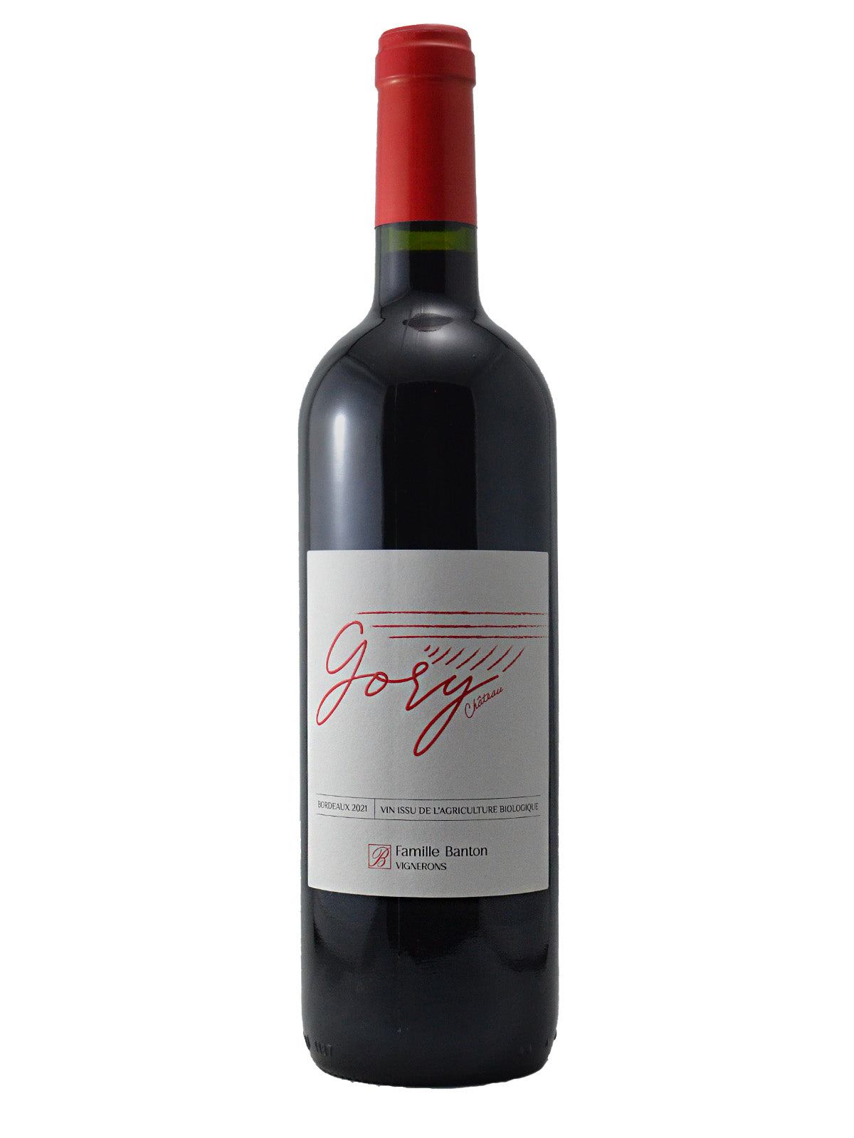 Red wine bottle with a red cap on a white background. White label has 'Gory' in stylised script as well as other basic wine info. Red enclosure (cork).